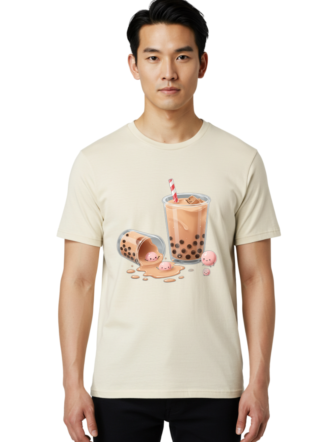 Boba-Tea-9 Men'S Graphic Tee, 100% Cotton, Comfortable Casual Summer Wear, Machine Washable, Boba Tea, Milk Tea, Bubble Tea, Tea Drink, Straw, Tapioca Pearls, Spilled Drink, Kawaii, Cute, Cartoon, Smiling Boba Bac667