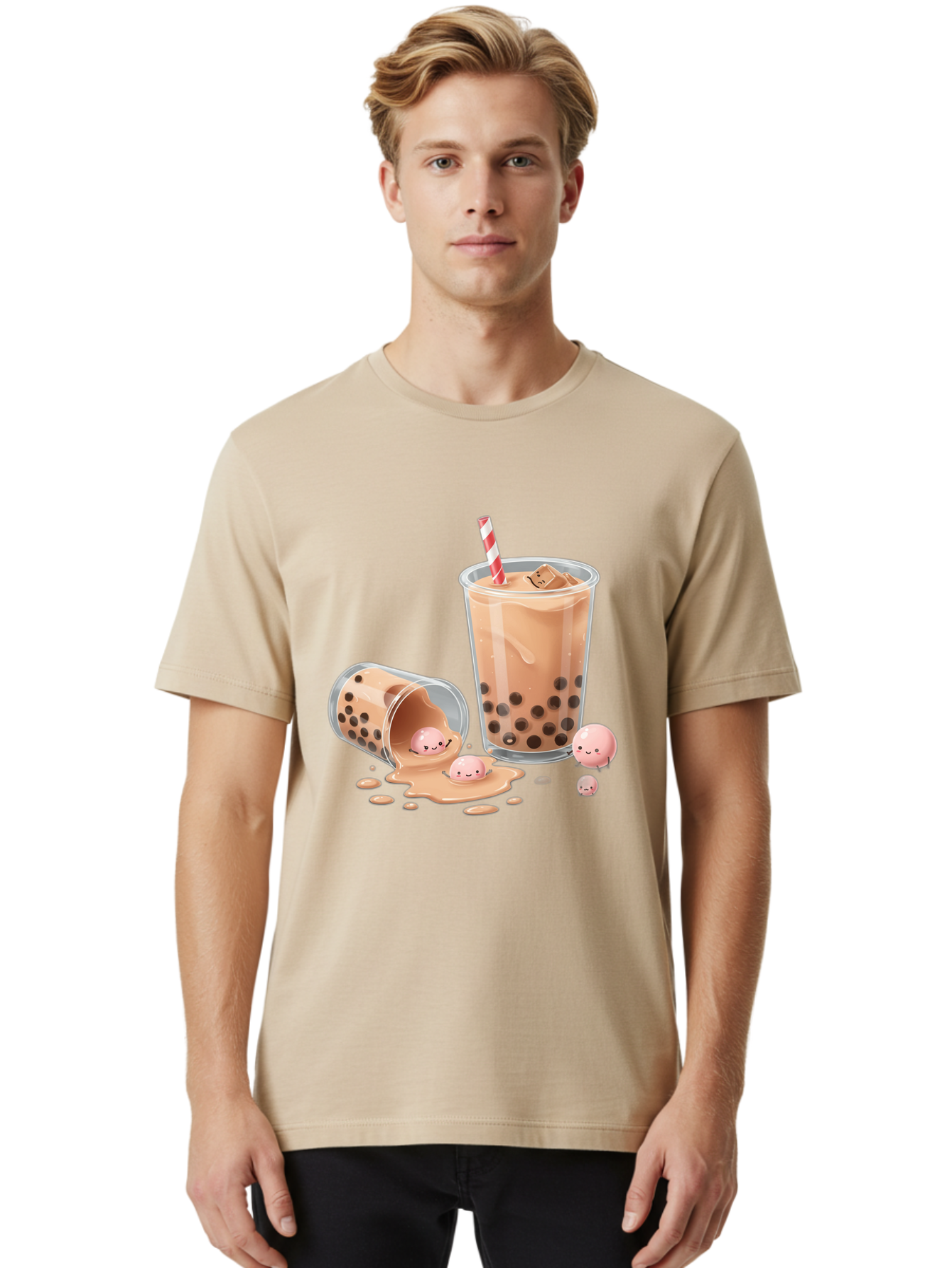 Boba-Tea-9 Men'S Graphic Tee, 100% Cotton, Comfortable Casual Summer Wear, Machine Washable, Boba Tea, Milk Tea, Bubble Tea, Tea Drink, Straw, Tapioca Pearls, Spilled Drink, Kawaii, Cute, Cartoon, Smiling Boba Bac667