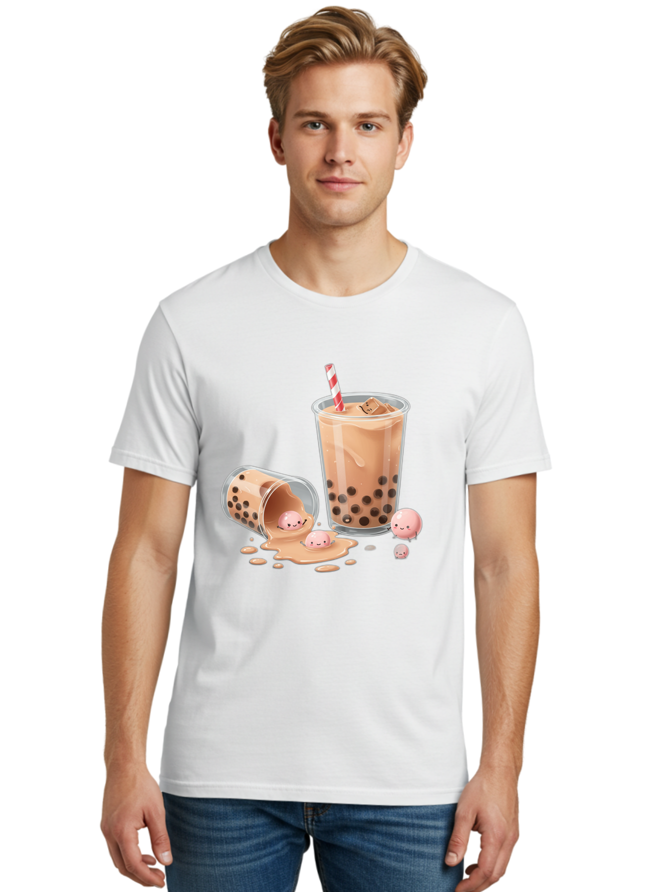 Boba-Tea-9 Men'S Graphic Tee, 100% Cotton, Comfortable Casual Summer Wear, Machine Washable, Boba Tea, Milk Tea, Bubble Tea, Tea Drink, Straw, Tapioca Pearls, Spilled Drink, Kawaii, Cute, Cartoon, Smiling Boba Bac667