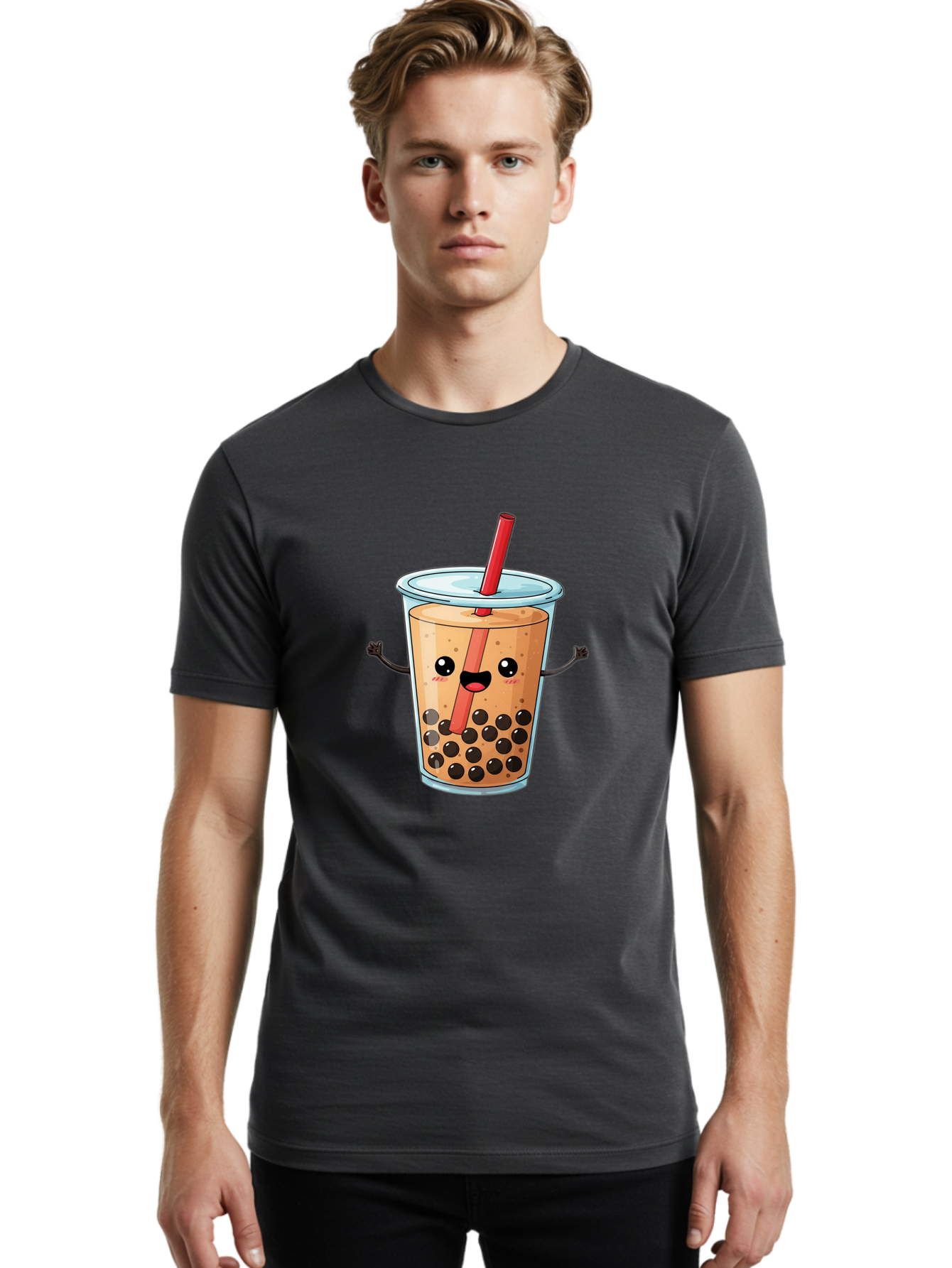 Boba-Tea-Cartoon Men'S Graphic Tee, 100% Cotton, Comfortable Casual Summer Wear, Machine Washable, Cartoon Bubble Tea, Boba Drink, Milk Tea With Straw, Cute Beverage, Fun Character, Kawaii Culture, Asian Drink, Trendy Refreshment, Bac668