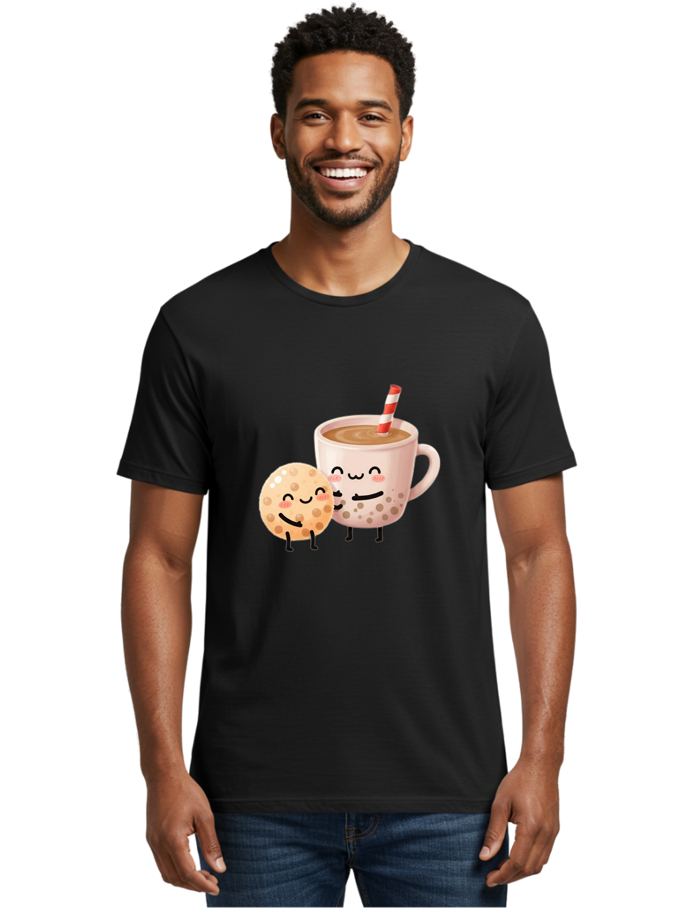 Boba-Tea-Characters Men'S Graphic Tee, 100% Cotton, Comfortable Casual Summer Wear, Machine Washable, Boba Tea, Milk Tea, Bubble Tea, Cartoon Characters, Smiling Faces, Happy Faces, Tea Cup, Tapioca Pearls, Cute Illustration, Kawaii Art, Bac669
