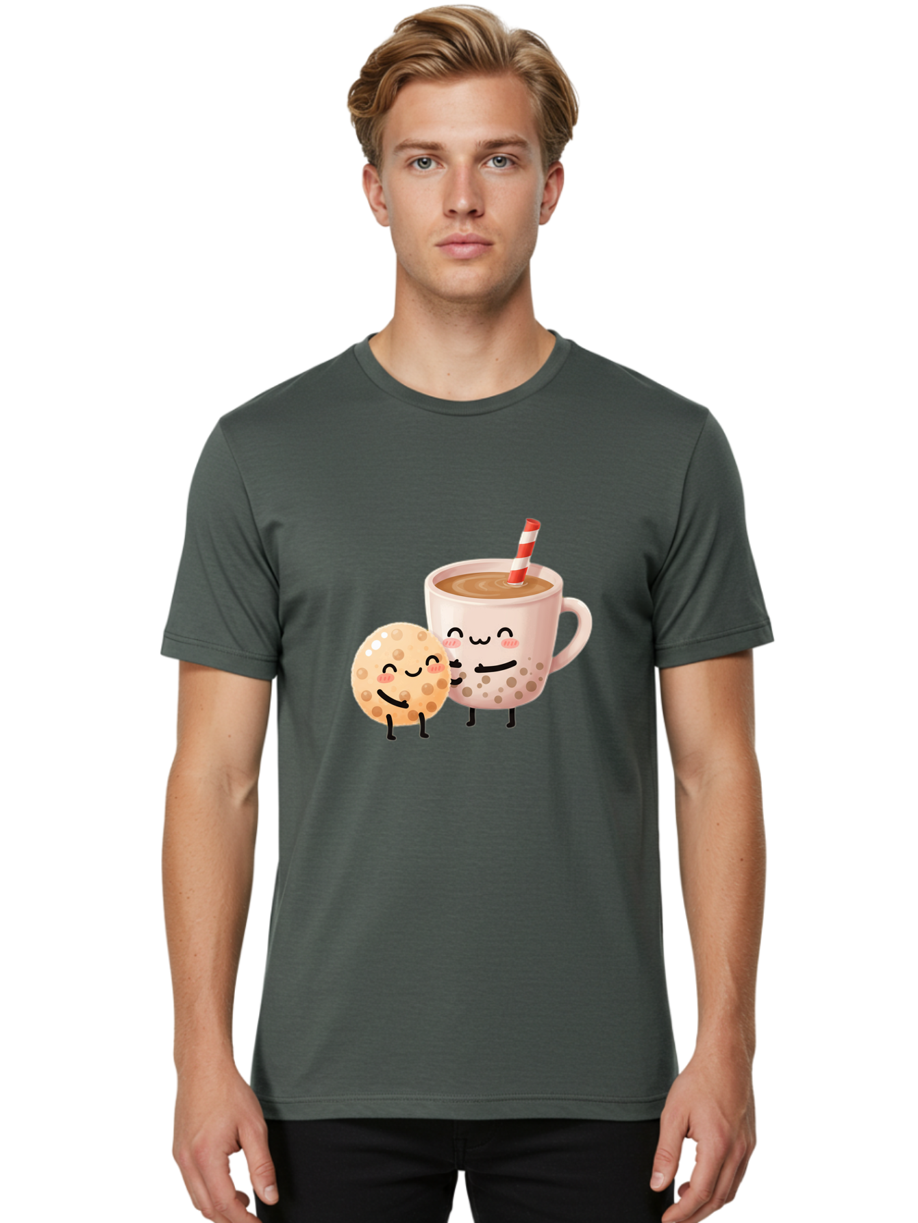 Boba-Tea-Characters Men'S Graphic Tee, 100% Cotton, Comfortable Casual Summer Wear, Machine Washable, Boba Tea, Milk Tea, Bubble Tea, Cartoon Characters, Smiling Faces, Happy Faces, Tea Cup, Tapioca Pearls, Cute Illustration, Kawaii Art, Bac669