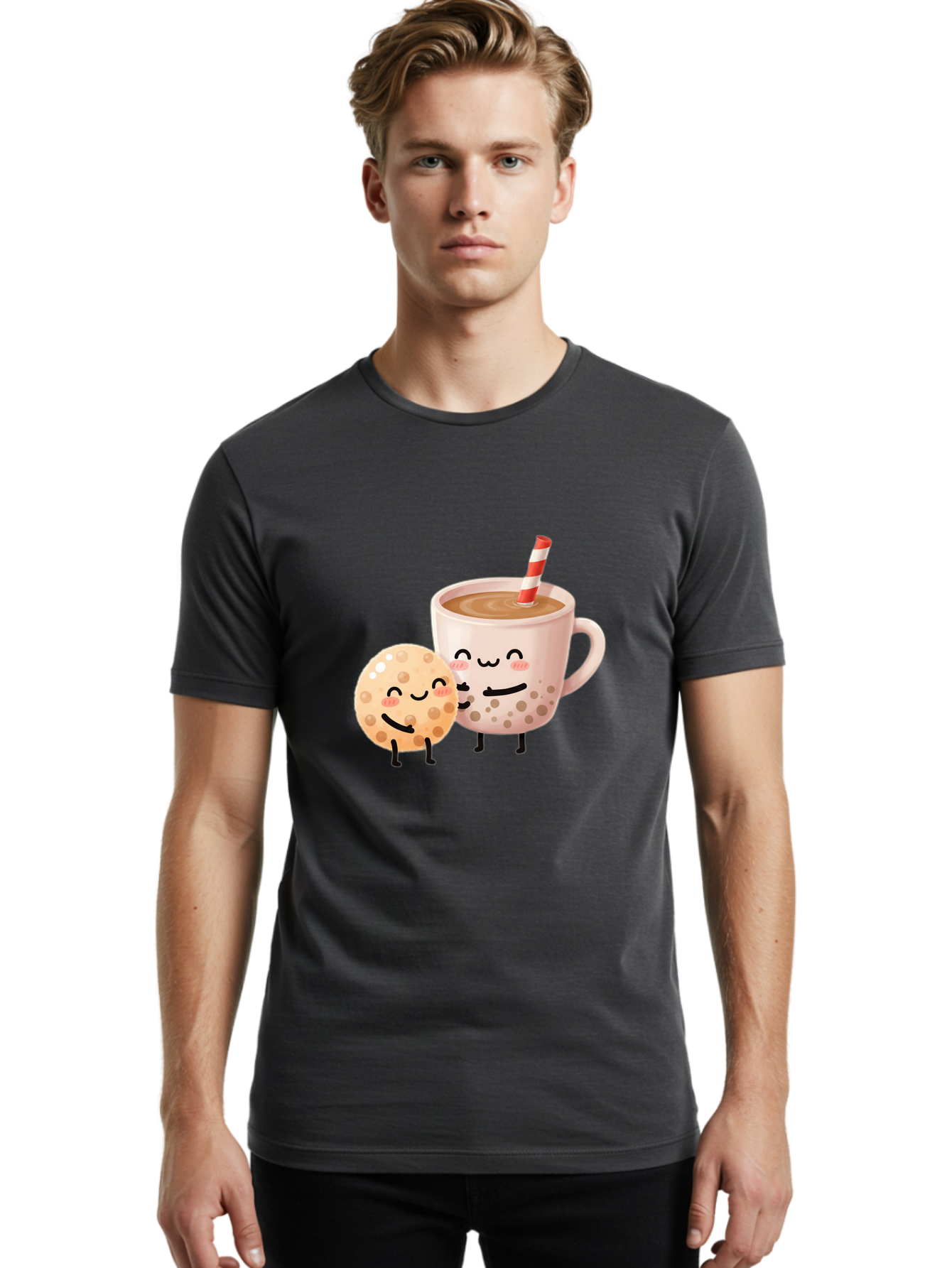 Boba-Tea-Characters Men'S Graphic Tee, 100% Cotton, Comfortable Casual Summer Wear, Machine Washable, Boba Tea, Milk Tea, Bubble Tea, Cartoon Characters, Smiling Faces, Happy Faces, Tea Cup, Tapioca Pearls, Cute Illustration, Kawaii Art, Bac669