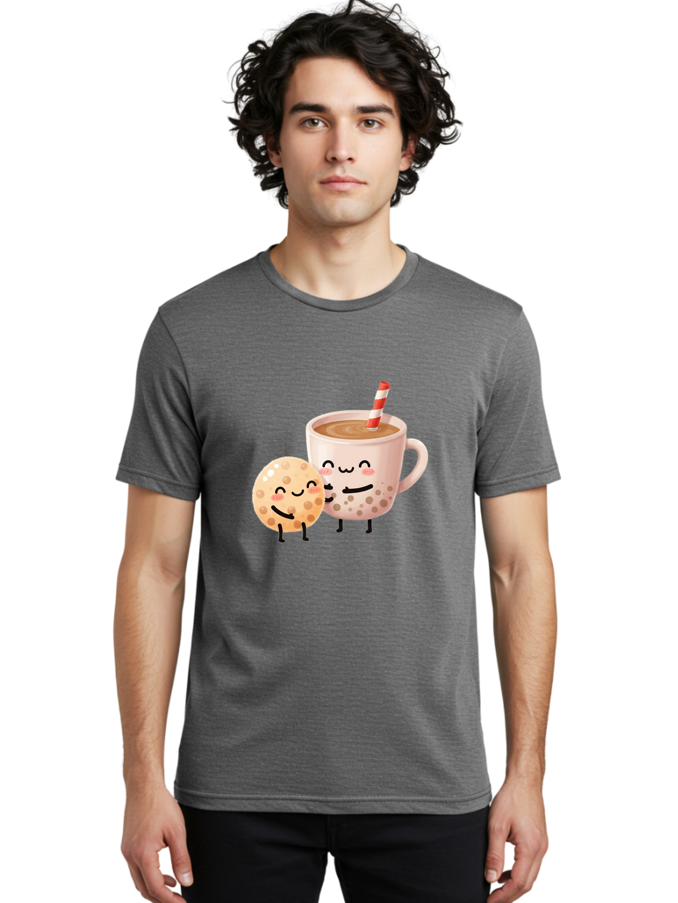 Boba-Tea-Characters Men'S Graphic Tee, 100% Cotton, Comfortable Casual Summer Wear, Machine Washable, Boba Tea, Milk Tea, Bubble Tea, Cartoon Characters, Smiling Faces, Happy Faces, Tea Cup, Tapioca Pearls, Cute Illustration, Kawaii Art, Bac669