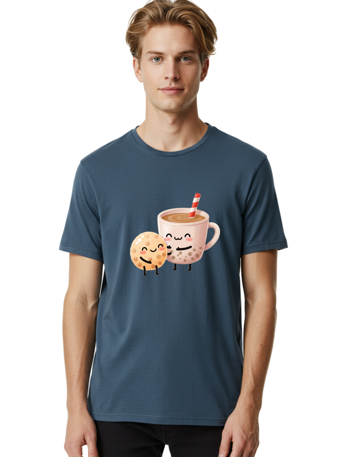 Boba-Tea-Characters Men'S Graphic Tee, 100% Cotton, Comfortable Casual Summer Wear, Machine Washable, Boba Tea, Milk Tea, Bubble Tea, Cartoon Characters, Smiling Faces, Happy Faces, Tea Cup, Tapioca Pearls, Cute Illustration, Kawaii Art, Bac669
