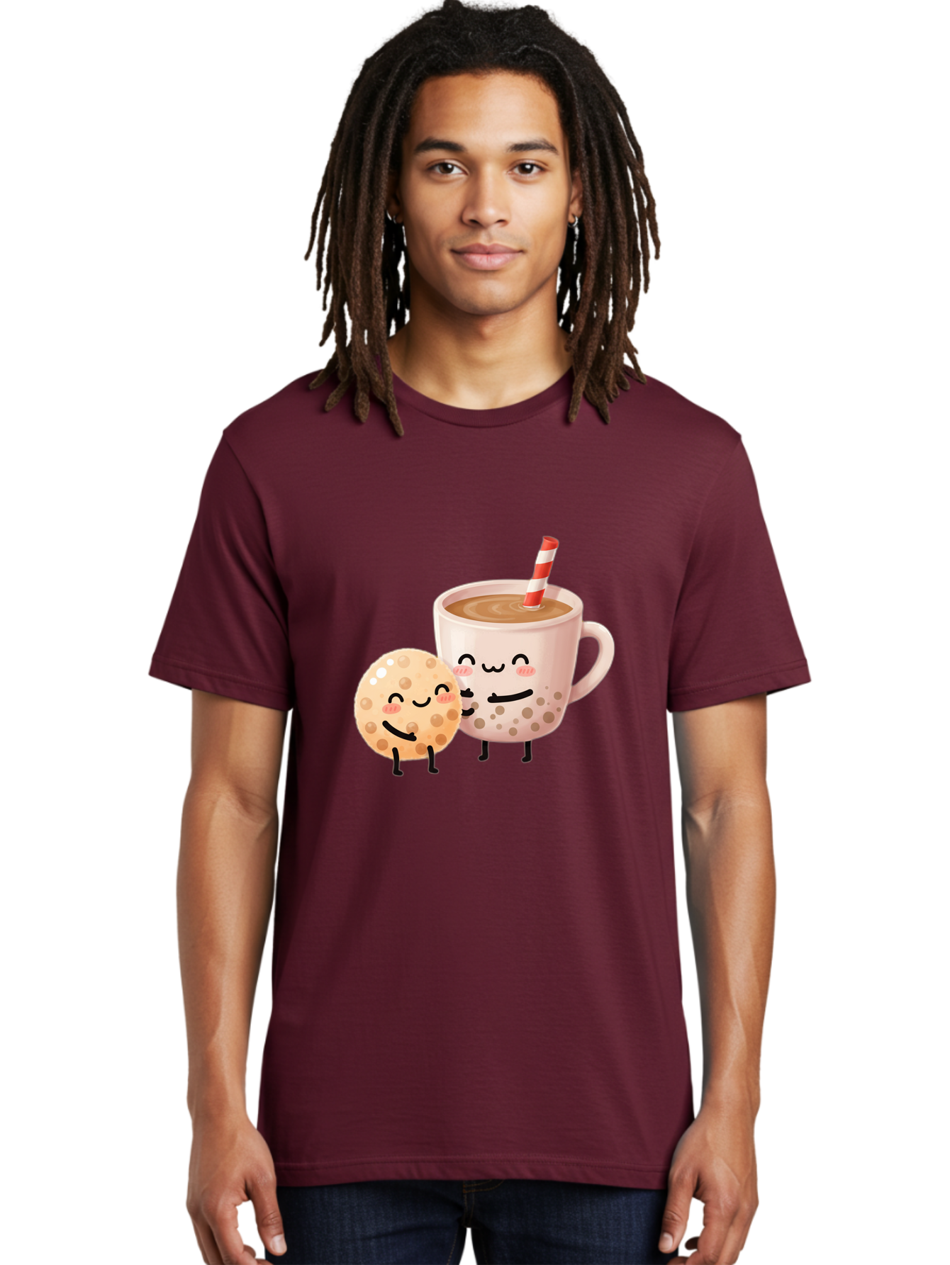 Boba-Tea-Characters Men'S Graphic Tee, 100% Cotton, Comfortable Casual Summer Wear, Machine Washable, Boba Tea, Milk Tea, Bubble Tea, Cartoon Characters, Smiling Faces, Happy Faces, Tea Cup, Tapioca Pearls, Cute Illustration, Kawaii Art, Bac669