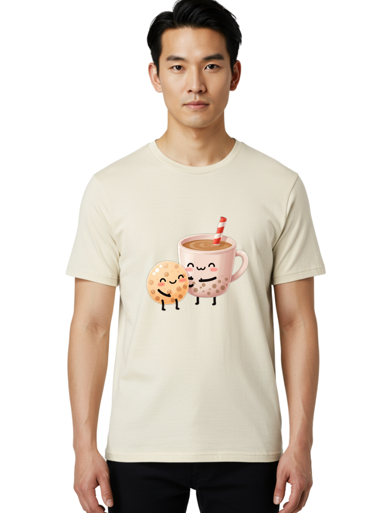 Boba-Tea-Characters Men'S Graphic Tee, 100% Cotton, Comfortable Casual Summer Wear, Machine Washable, Boba Tea, Milk Tea, Bubble Tea, Cartoon Characters, Smiling Faces, Happy Faces, Tea Cup, Tapioca Pearls, Cute Illustration, Kawaii Art, Bac669