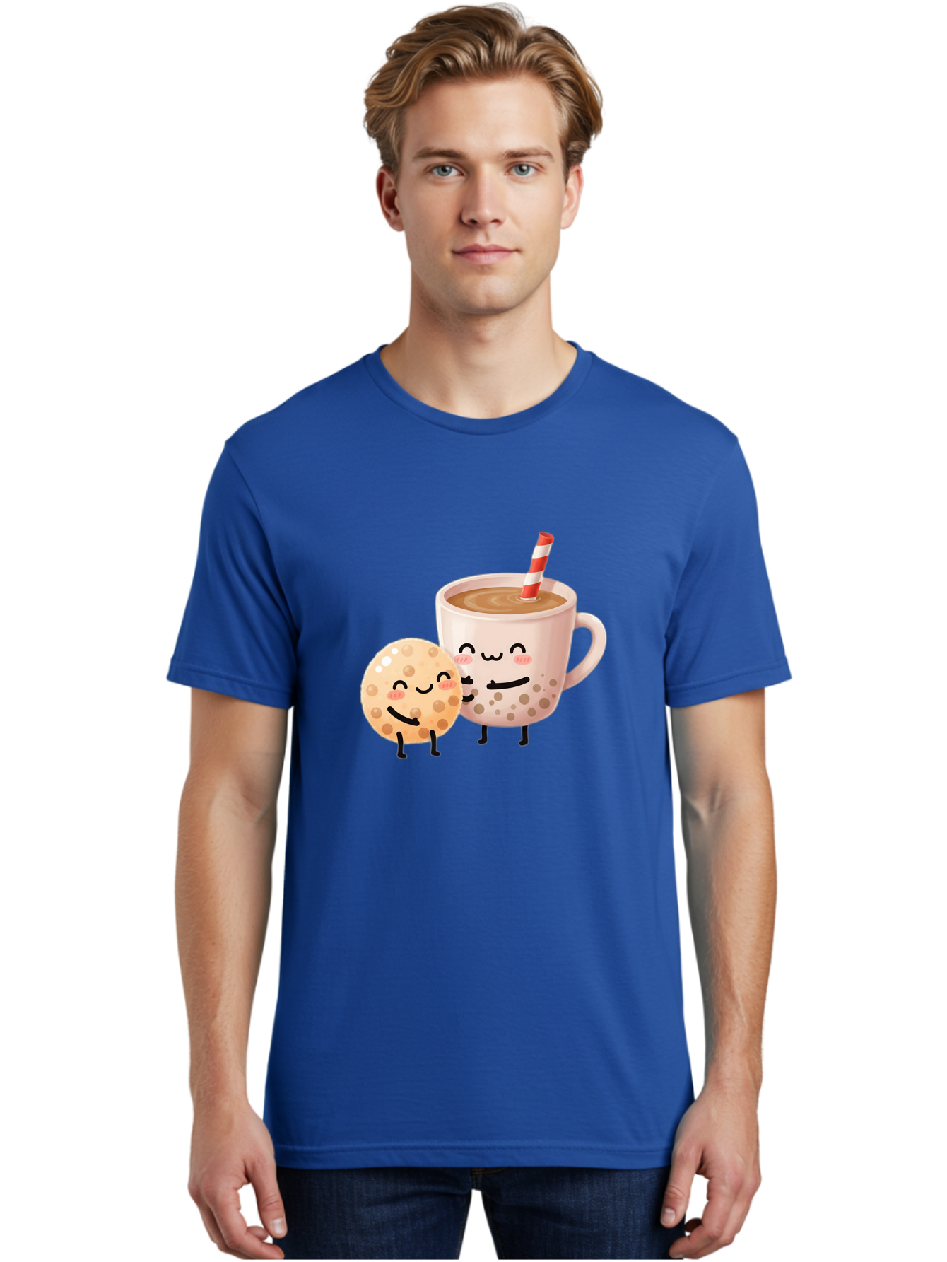 Boba-Tea-Characters Men'S Graphic Tee, 100% Cotton, Comfortable Casual Summer Wear, Machine Washable, Boba Tea, Milk Tea, Bubble Tea, Cartoon Characters, Smiling Faces, Happy Faces, Tea Cup, Tapioca Pearls, Cute Illustration, Kawaii Art, Bac669