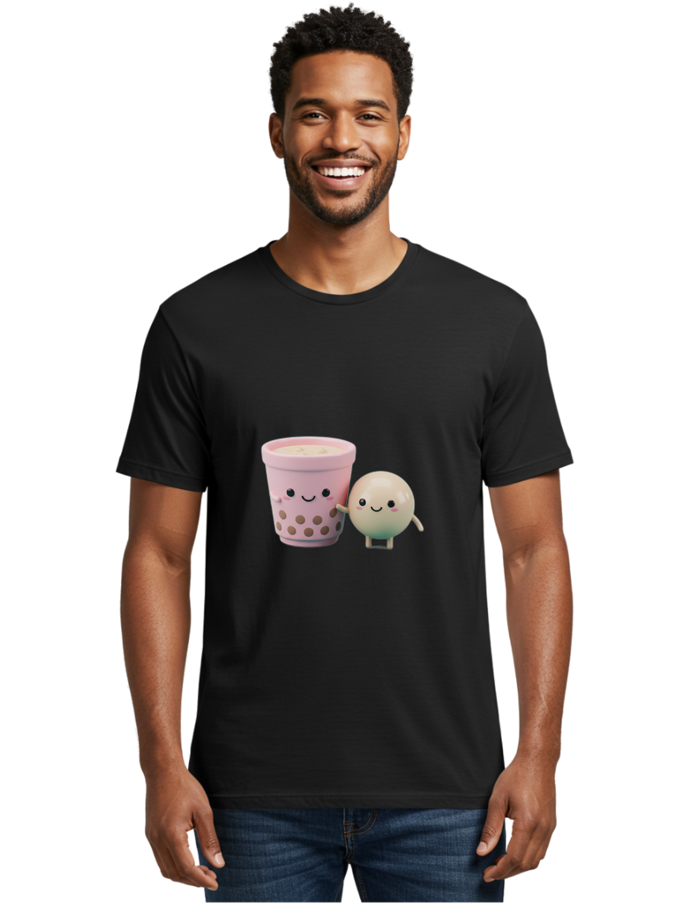 Boba-Tea-Friends Men'S Graphic Tee, 100% Cotton, Comfortable Casual Summer Wear, Machine Washable, Boba Tea, Milk Tea, Bubble Tea, Cute Cartoon Characters, Kawaii Culture, Japanese Pop Culture, Adorable Smile, Happy Face, Smiling Boba, Bac670