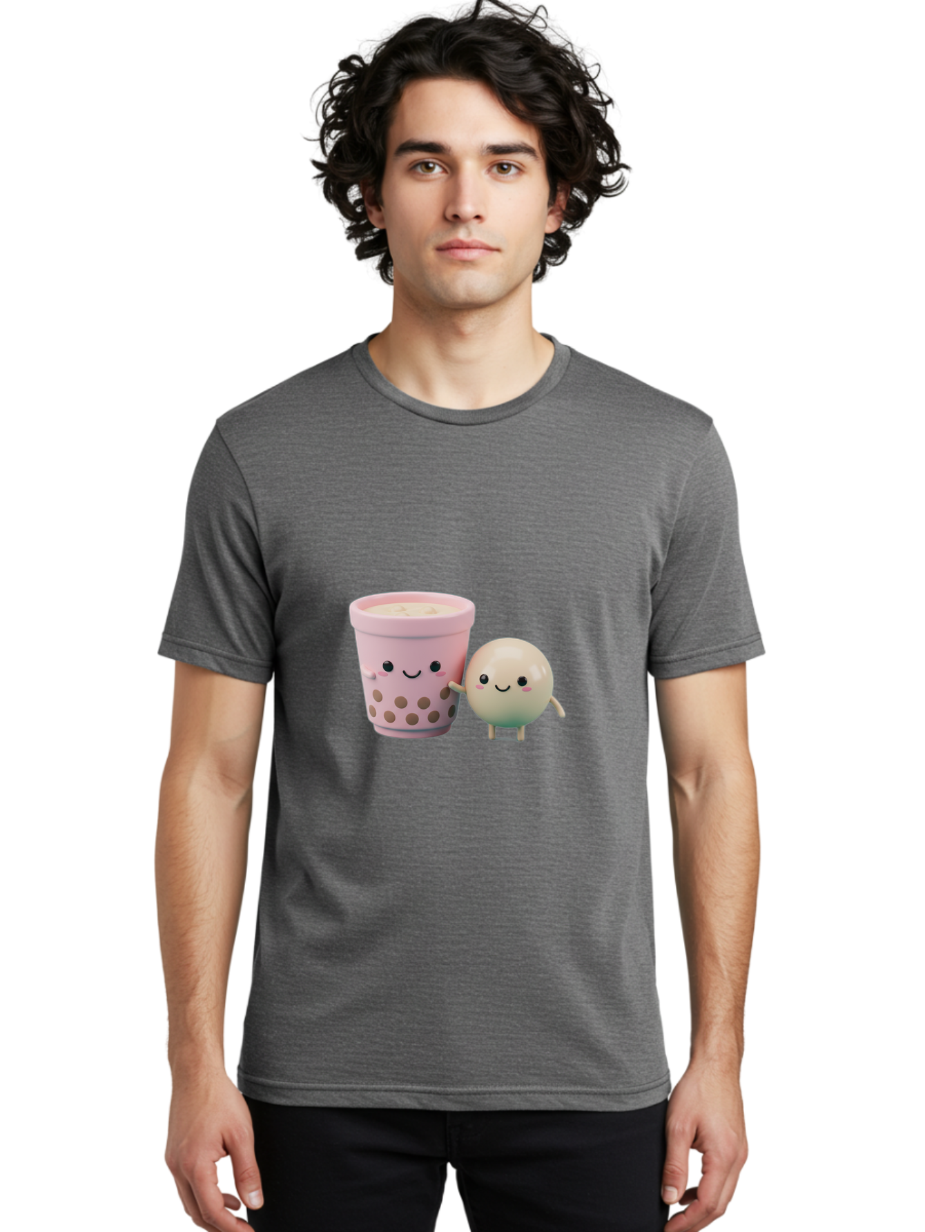 Boba-Tea-Friends Men'S Graphic Tee, 100% Cotton, Comfortable Casual Summer Wear, Machine Washable, Boba Tea, Milk Tea, Bubble Tea, Cute Cartoon Characters, Kawaii Culture, Japanese Pop Culture, Adorable Smile, Happy Face, Smiling Boba, Bac670