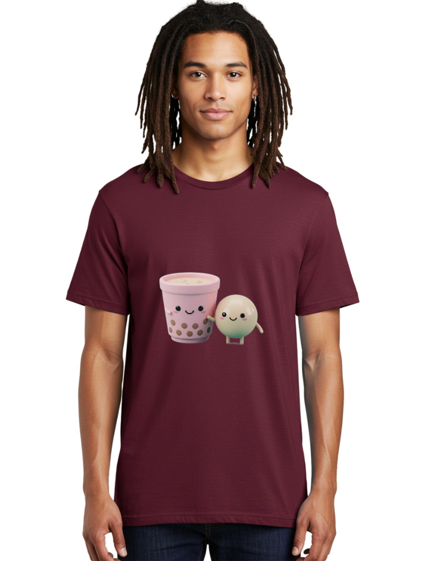 Boba-Tea-Friends Men'S Graphic Tee, 100% Cotton, Comfortable Casual Summer Wear, Machine Washable, Boba Tea, Milk Tea, Bubble Tea, Cute Cartoon Characters, Kawaii Culture, Japanese Pop Culture, Adorable Smile, Happy Face, Smiling Boba, Bac670