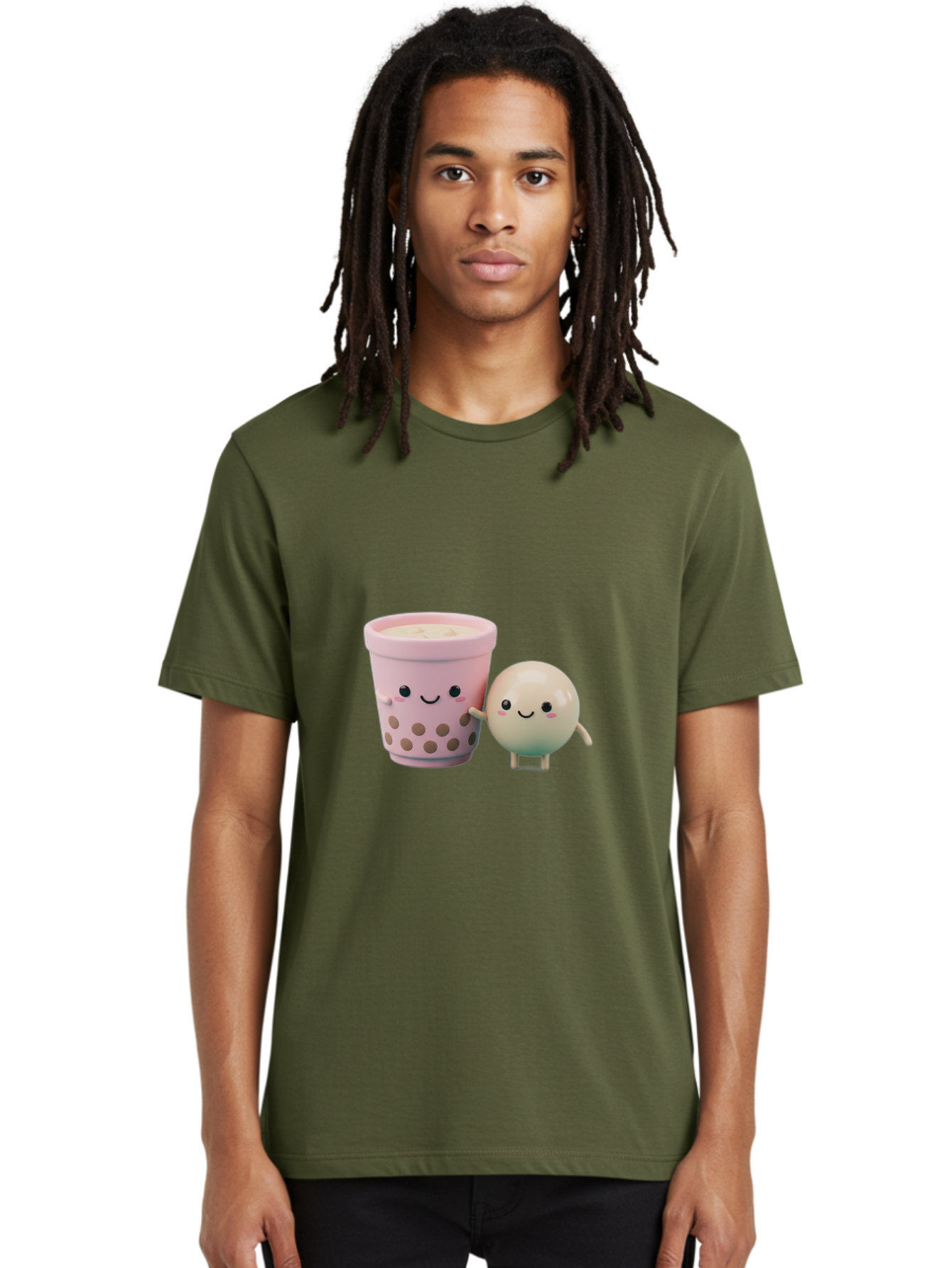 Boba-Tea-Friends Men'S Graphic Tee, 100% Cotton, Comfortable Casual Summer Wear, Machine Washable, Boba Tea, Milk Tea, Bubble Tea, Cute Cartoon Characters, Kawaii Culture, Japanese Pop Culture, Adorable Smile, Happy Face, Smiling Boba, Bac670