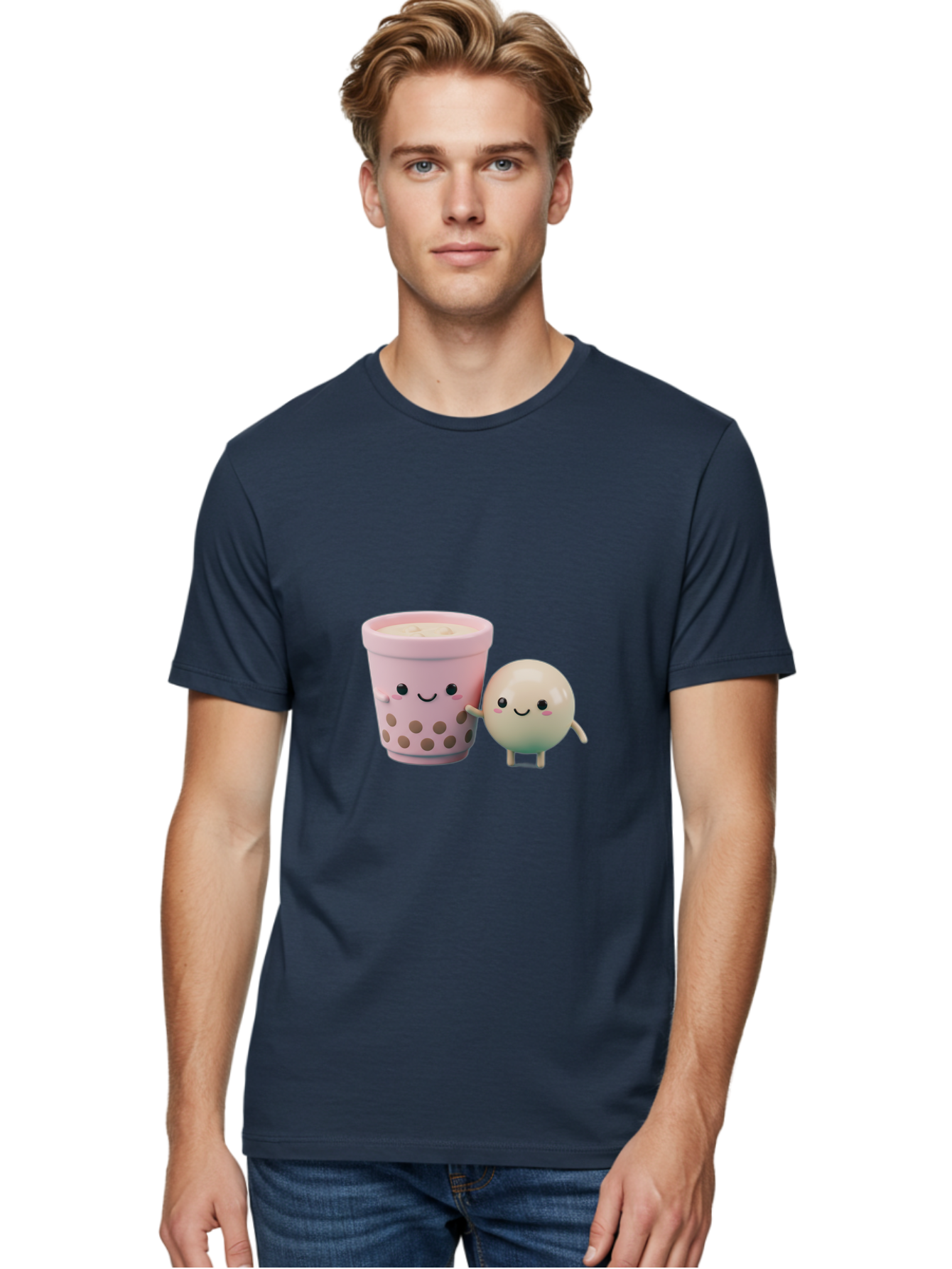 Boba-Tea-Friends Men'S Graphic Tee, 100% Cotton, Comfortable Casual Summer Wear, Machine Washable, Boba Tea, Milk Tea, Bubble Tea, Cute Cartoon Characters, Kawaii Culture, Japanese Pop Culture, Adorable Smile, Happy Face, Smiling Boba, Bac670