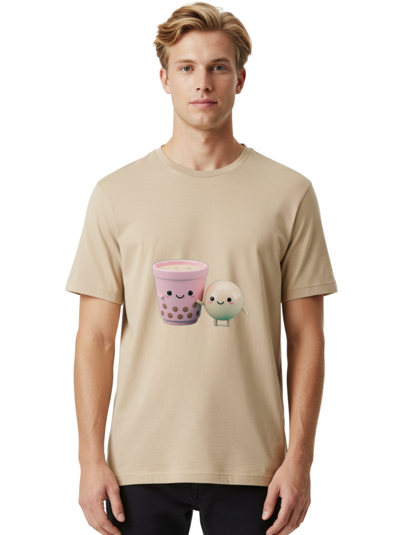Boba-Tea-Friends Men'S Graphic Tee, 100% Cotton, Comfortable Casual Summer Wear, Machine Washable, Boba Tea, Milk Tea, Bubble Tea, Cute Cartoon Characters, Kawaii Culture, Japanese Pop Culture, Adorable Smile, Happy Face, Smiling Boba, Bac670
