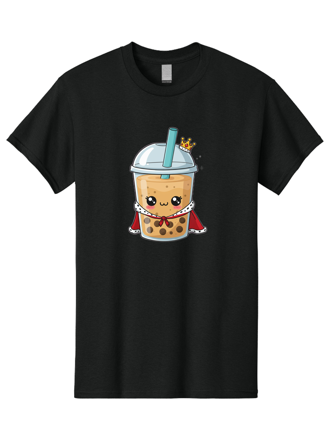 Boba-Tea-King Men'S Graphic Tee, 100% Cotton, Comfortable Casual Summer Wear, Machine Washable, Cute Boba Tea, Cartoon Character, Milk Tea, Bubble Tea, Boba Drink, Royal Crown, Red Cape, White Trim, Kawaii, Boba Lover, Tea Enthusiast Bac671
