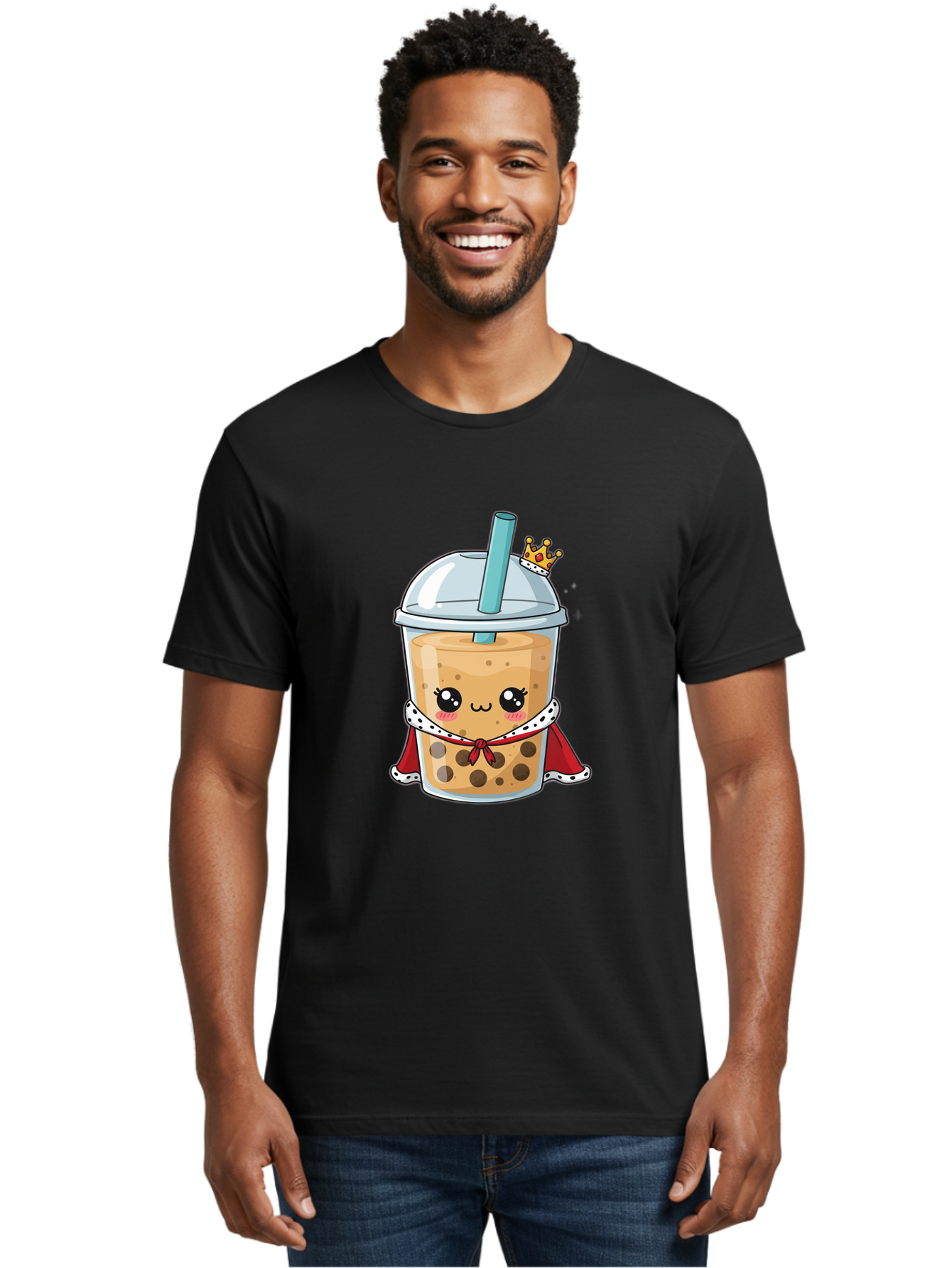 Boba-Tea-King Men'S Graphic Tee, 100% Cotton, Comfortable Casual Summer Wear, Machine Washable, Cute Boba Tea, Cartoon Character, Milk Tea, Bubble Tea, Boba Drink, Royal Crown, Red Cape, White Trim, Kawaii, Boba Lover, Tea Enthusiast Bac671