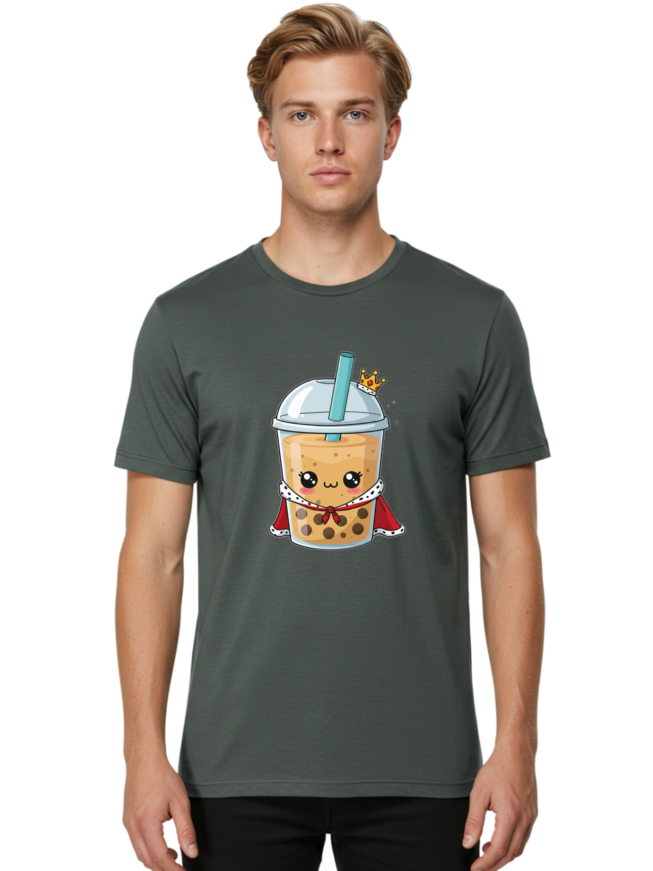 Boba-Tea-King Men'S Graphic Tee, 100% Cotton, Comfortable Casual Summer Wear, Machine Washable, Cute Boba Tea, Cartoon Character, Milk Tea, Bubble Tea, Boba Drink, Royal Crown, Red Cape, White Trim, Kawaii, Boba Lover, Tea Enthusiast Bac671