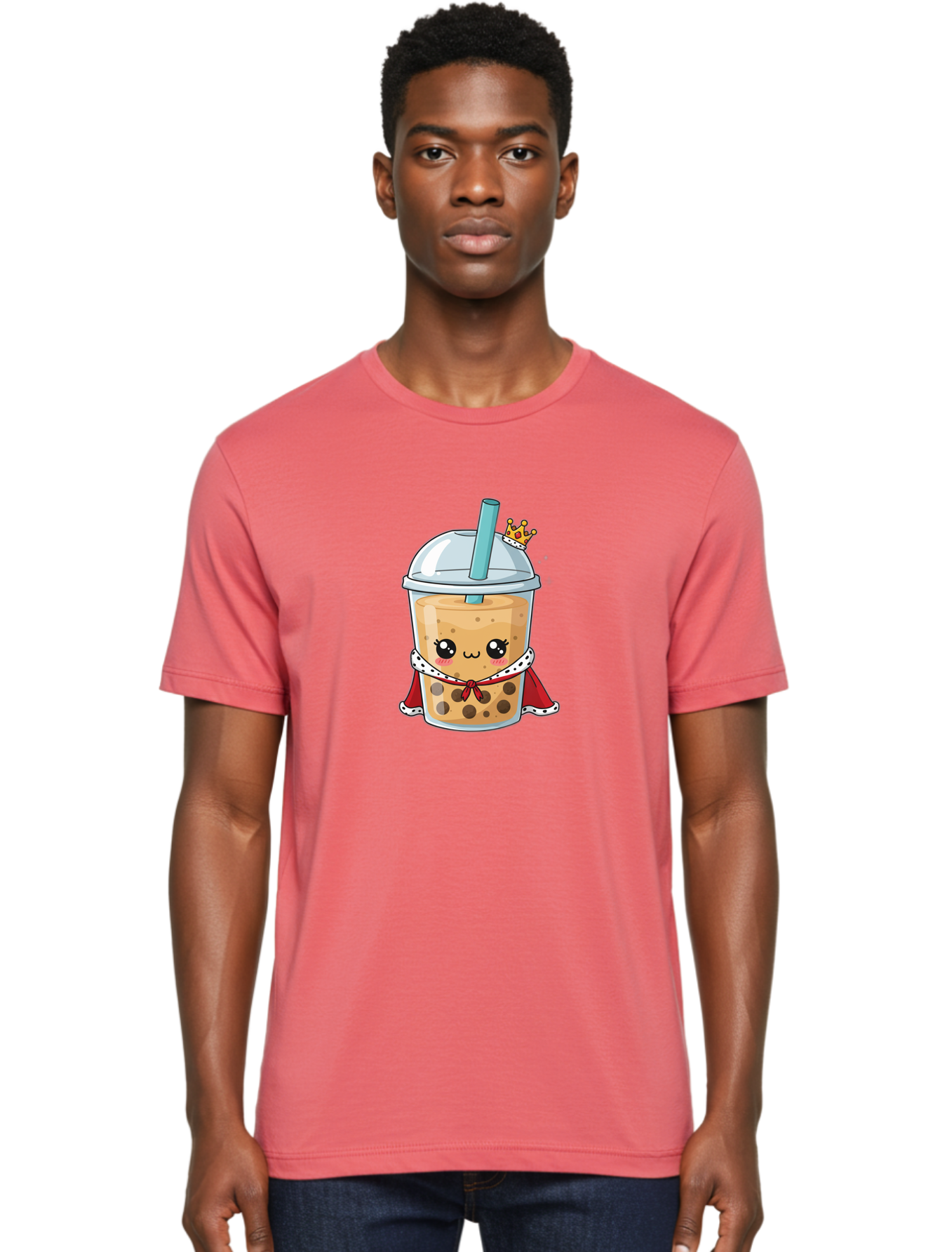 Boba-Tea-King Men'S Graphic Tee, 100% Cotton, Comfortable Casual Summer Wear, Machine Washable, Cute Boba Tea, Cartoon Character, Milk Tea, Bubble Tea, Boba Drink, Royal Crown, Red Cape, White Trim, Kawaii, Boba Lover, Tea Enthusiast Bac671
