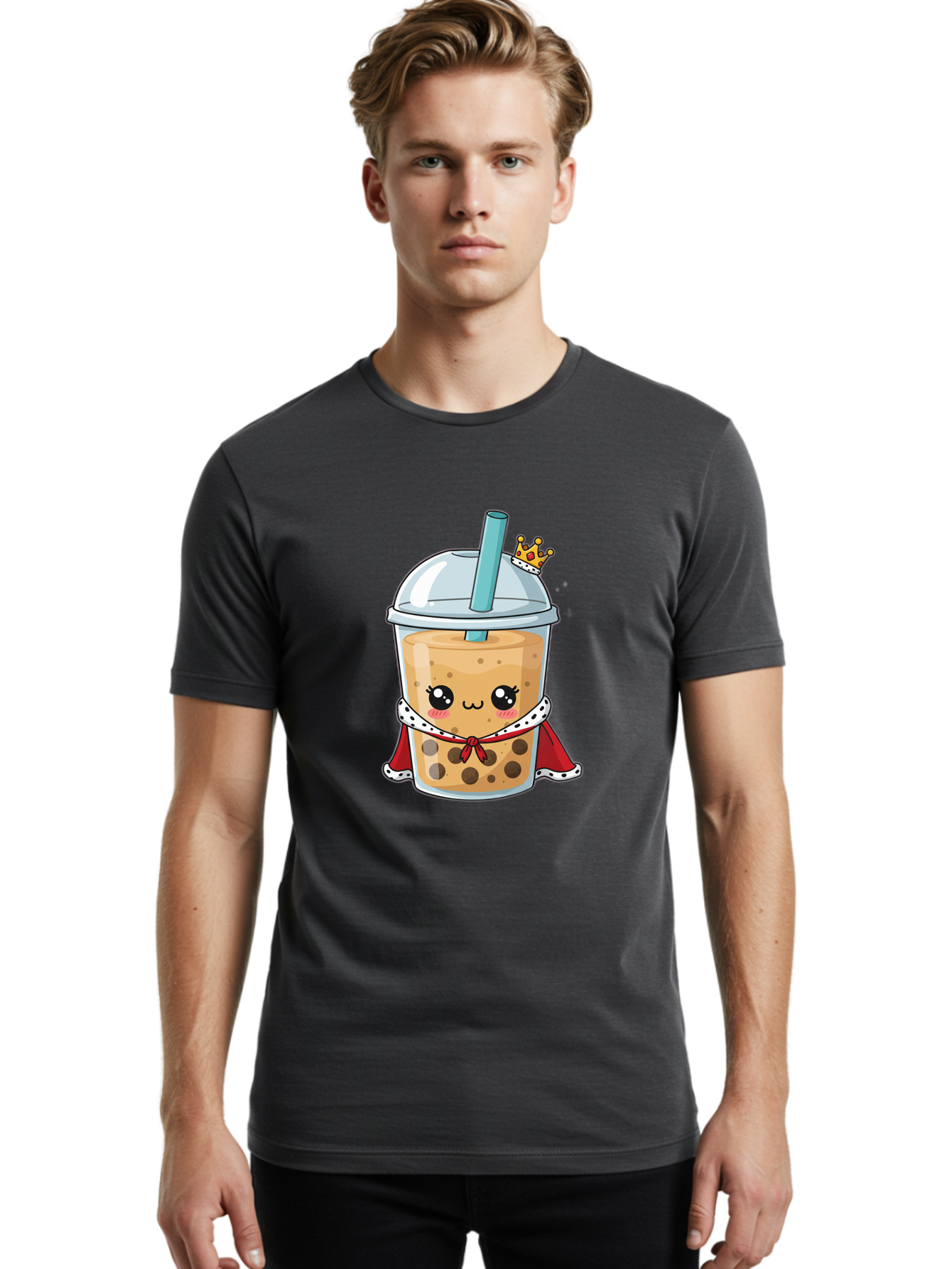 Boba-Tea-King Men'S Graphic Tee, 100% Cotton, Comfortable Casual Summer Wear, Machine Washable, Cute Boba Tea, Cartoon Character, Milk Tea, Bubble Tea, Boba Drink, Royal Crown, Red Cape, White Trim, Kawaii, Boba Lover, Tea Enthusiast Bac671