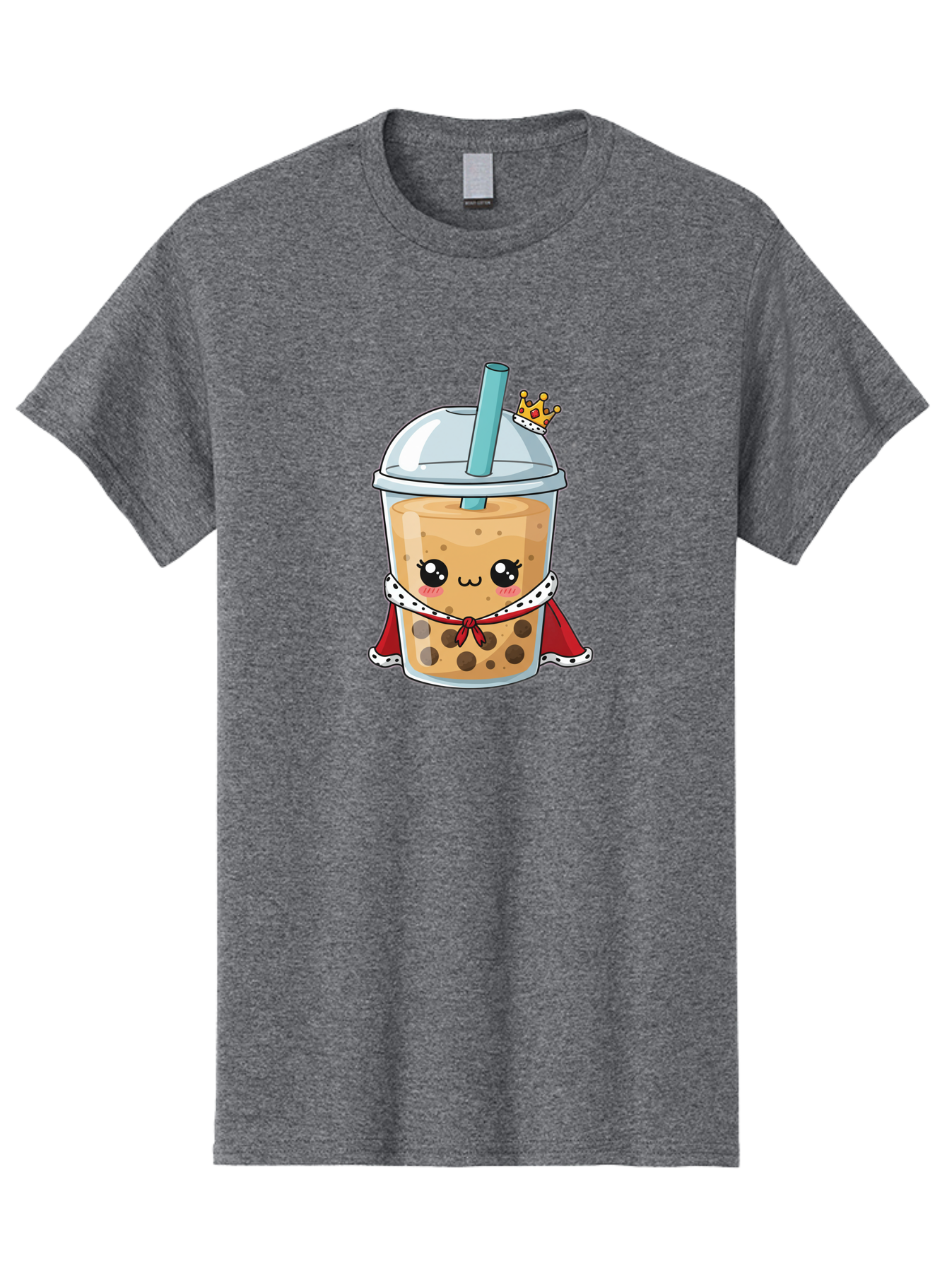 Boba-Tea-King Men'S Graphic Tee, 100% Cotton, Comfortable Casual Summer Wear, Machine Washable, Cute Boba Tea, Cartoon Character, Milk Tea, Bubble Tea, Boba Drink, Royal Crown, Red Cape, White Trim, Kawaii, Boba Lover, Tea Enthusiast Bac671