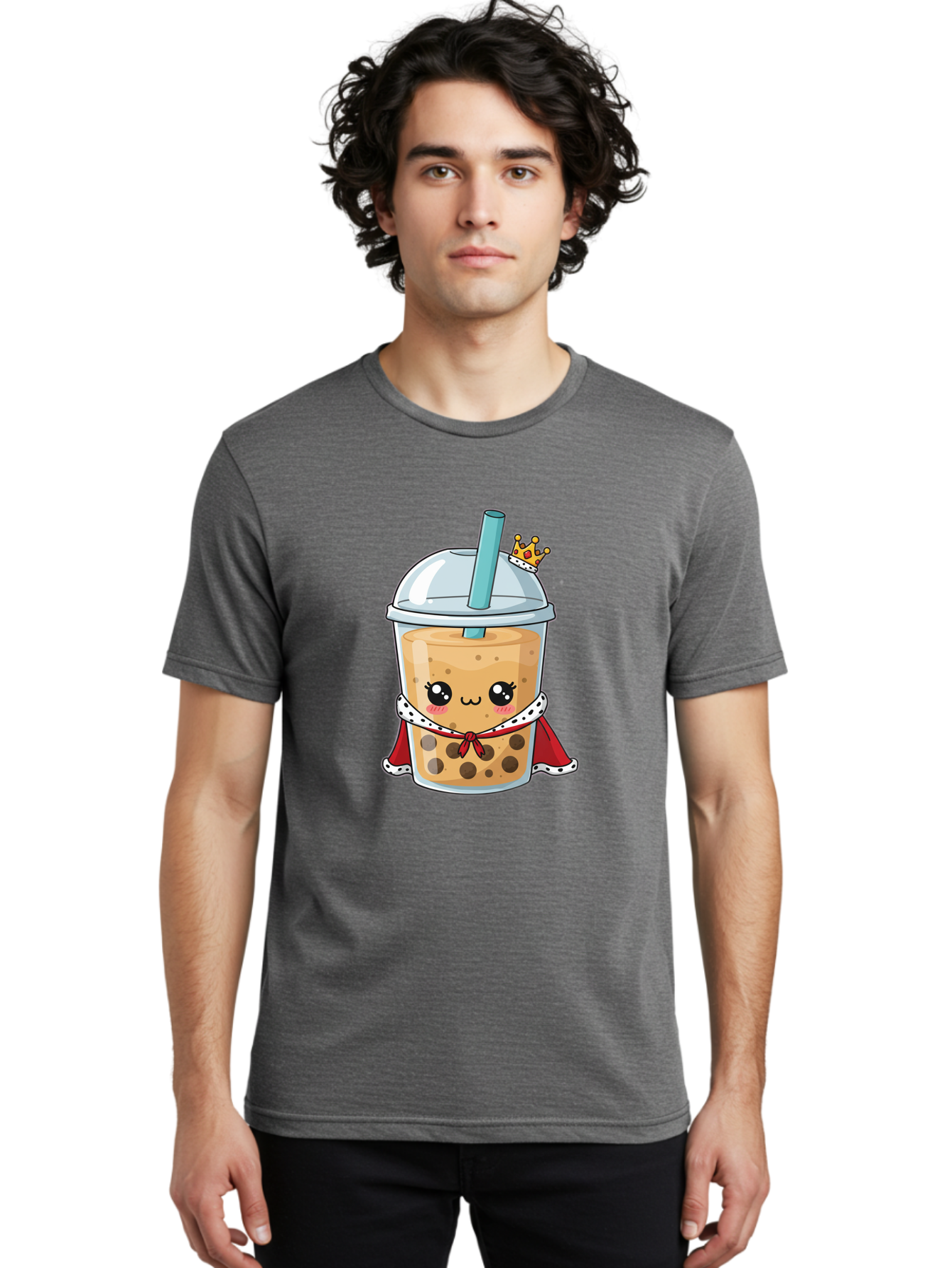 Boba-Tea-King Men'S Graphic Tee, 100% Cotton, Comfortable Casual Summer Wear, Machine Washable, Cute Boba Tea, Cartoon Character, Milk Tea, Bubble Tea, Boba Drink, Royal Crown, Red Cape, White Trim, Kawaii, Boba Lover, Tea Enthusiast Bac671