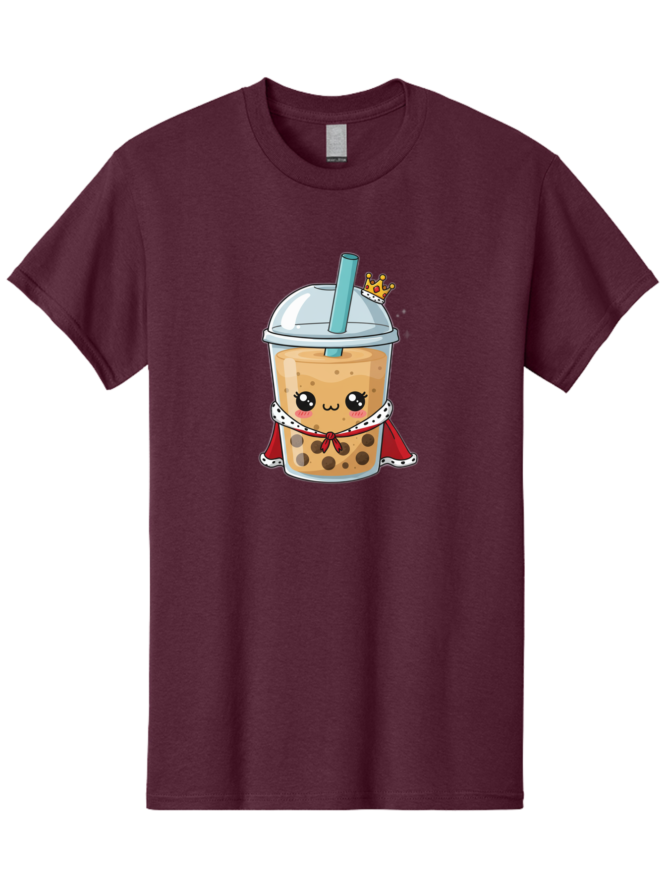 Boba-Tea-King Men'S Graphic Tee, 100% Cotton, Comfortable Casual Summer Wear, Machine Washable, Cute Boba Tea, Cartoon Character, Milk Tea, Bubble Tea, Boba Drink, Royal Crown, Red Cape, White Trim, Kawaii, Boba Lover, Tea Enthusiast Bac671