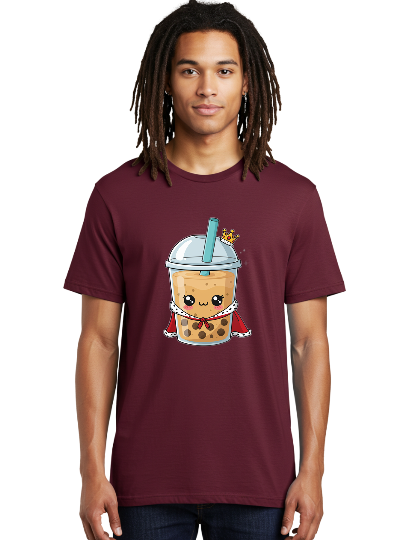 Boba-Tea-King Men'S Graphic Tee, 100% Cotton, Comfortable Casual Summer Wear, Machine Washable, Cute Boba Tea, Cartoon Character, Milk Tea, Bubble Tea, Boba Drink, Royal Crown, Red Cape, White Trim, Kawaii, Boba Lover, Tea Enthusiast Bac671