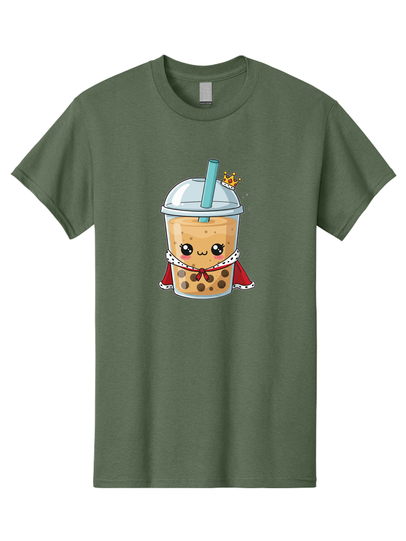 Boba-Tea-King Men'S Graphic Tee, 100% Cotton, Comfortable Casual Summer Wear, Machine Washable, Cute Boba Tea, Cartoon Character, Milk Tea, Bubble Tea, Boba Drink, Royal Crown, Red Cape, White Trim, Kawaii, Boba Lover, Tea Enthusiast Bac671