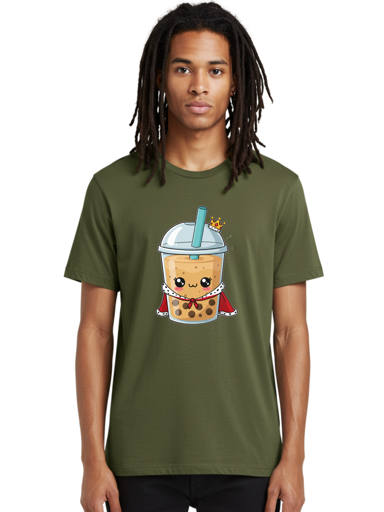 Boba-Tea-King Men'S Graphic Tee, 100% Cotton, Comfortable Casual Summer Wear, Machine Washable, Cute Boba Tea, Cartoon Character, Milk Tea, Bubble Tea, Boba Drink, Royal Crown, Red Cape, White Trim, Kawaii, Boba Lover, Tea Enthusiast Bac671