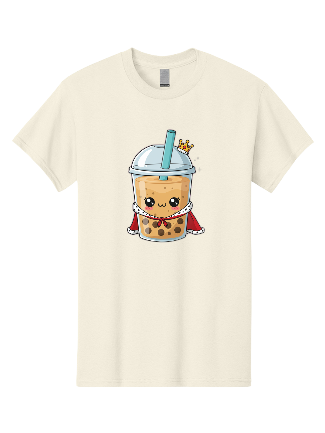 Boba-Tea-King Men'S Graphic Tee, 100% Cotton, Comfortable Casual Summer Wear, Machine Washable, Cute Boba Tea, Cartoon Character, Milk Tea, Bubble Tea, Boba Drink, Royal Crown, Red Cape, White Trim, Kawaii, Boba Lover, Tea Enthusiast Bac671