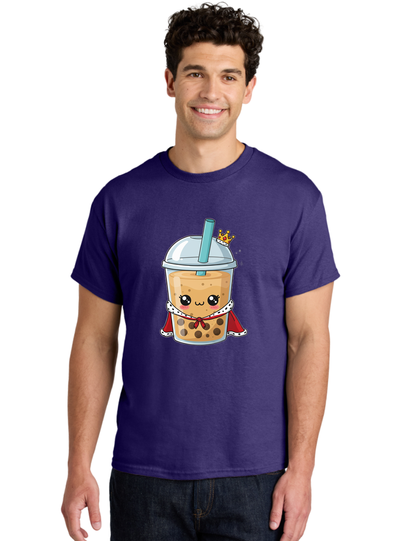 Boba-Tea-King Men'S Graphic Tee, 100% Cotton, Comfortable Casual Summer Wear, Machine Washable, Cute Boba Tea, Cartoon Character, Milk Tea, Bubble Tea, Boba Drink, Royal Crown, Red Cape, White Trim, Kawaii, Boba Lover, Tea Enthusiast Bac671