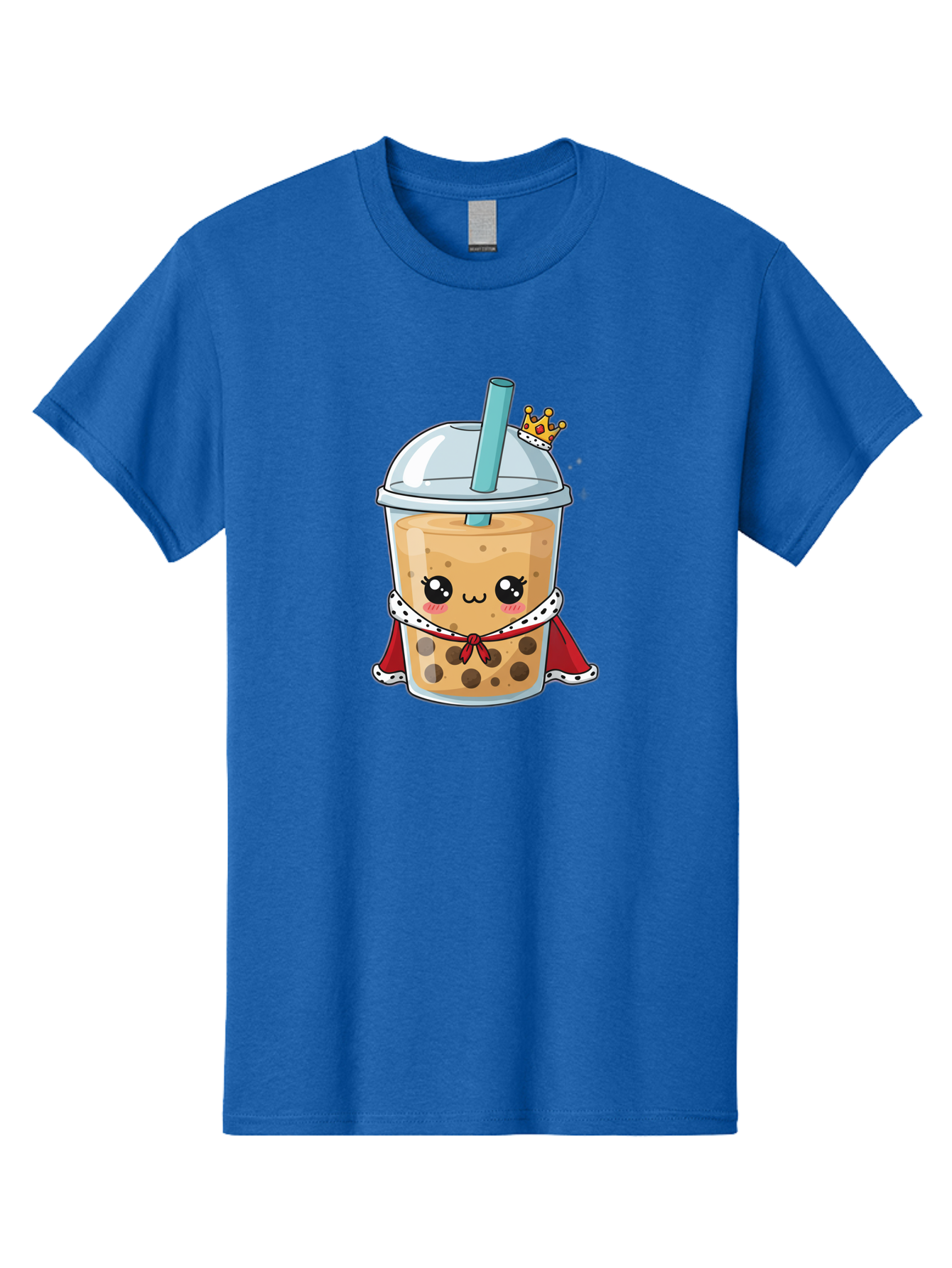 Boba-Tea-King Men'S Graphic Tee, 100% Cotton, Comfortable Casual Summer Wear, Machine Washable, Cute Boba Tea, Cartoon Character, Milk Tea, Bubble Tea, Boba Drink, Royal Crown, Red Cape, White Trim, Kawaii, Boba Lover, Tea Enthusiast Bac671