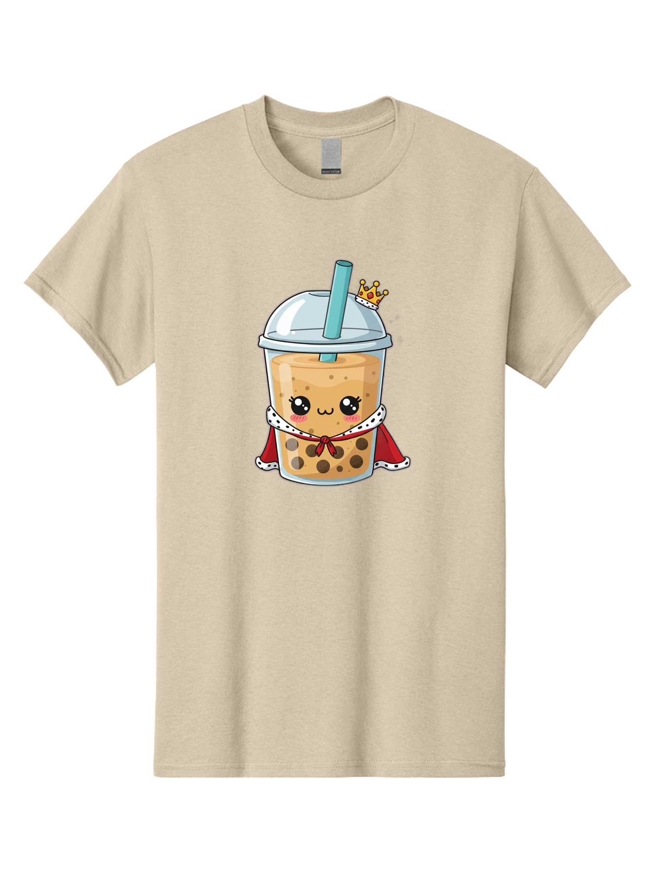 Boba-Tea-King Men'S Graphic Tee, 100% Cotton, Comfortable Casual Summer Wear, Machine Washable, Cute Boba Tea, Cartoon Character, Milk Tea, Bubble Tea, Boba Drink, Royal Crown, Red Cape, White Trim, Kawaii, Boba Lover, Tea Enthusiast Bac671