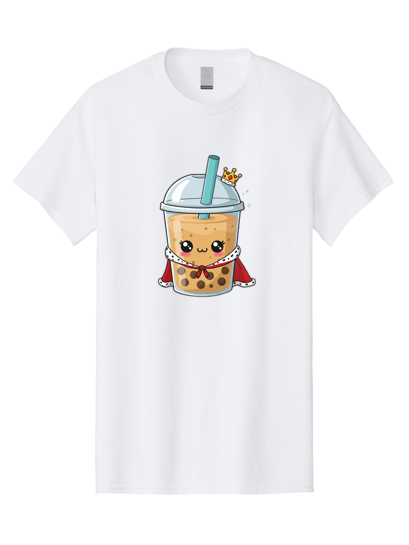 Boba-Tea-King Men'S Graphic Tee, 100% Cotton, Comfortable Casual Summer Wear, Machine Washable, Cute Boba Tea, Cartoon Character, Milk Tea, Bubble Tea, Boba Drink, Royal Crown, Red Cape, White Trim, Kawaii, Boba Lover, Tea Enthusiast Bac671