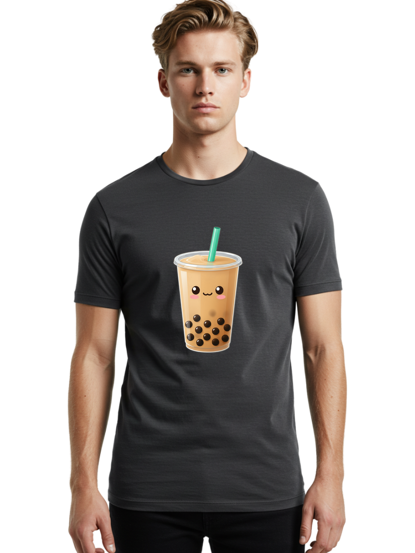 Boba-Tea Men'S Graphic Tee, 100% Cotton, Comfortable Casual Summer Wear, Machine Washable, Milk Tea, Boba Drink, Bubble Tea, Cartoon Character, Cute Illustration, Tea With Tapioca Pearls, Adorable Face, Smiling Beverage, Tea Culture, Bac673
