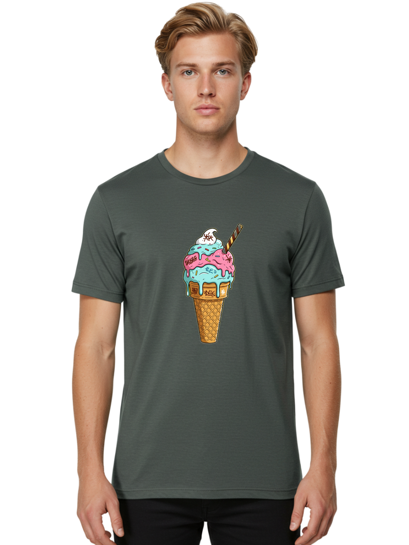 Bomb-Graffiti-Ice-Cream Men'S Graphic Tee, 100% Cotton, Comfortable Casual Summer Wear, Machine Washable, Graffiti Ice Cream, Colorful Dessert, Street Art Style, Vibrant Colors, Unique Treat, Sweet Indulgence, Creative Food Art, Bac675