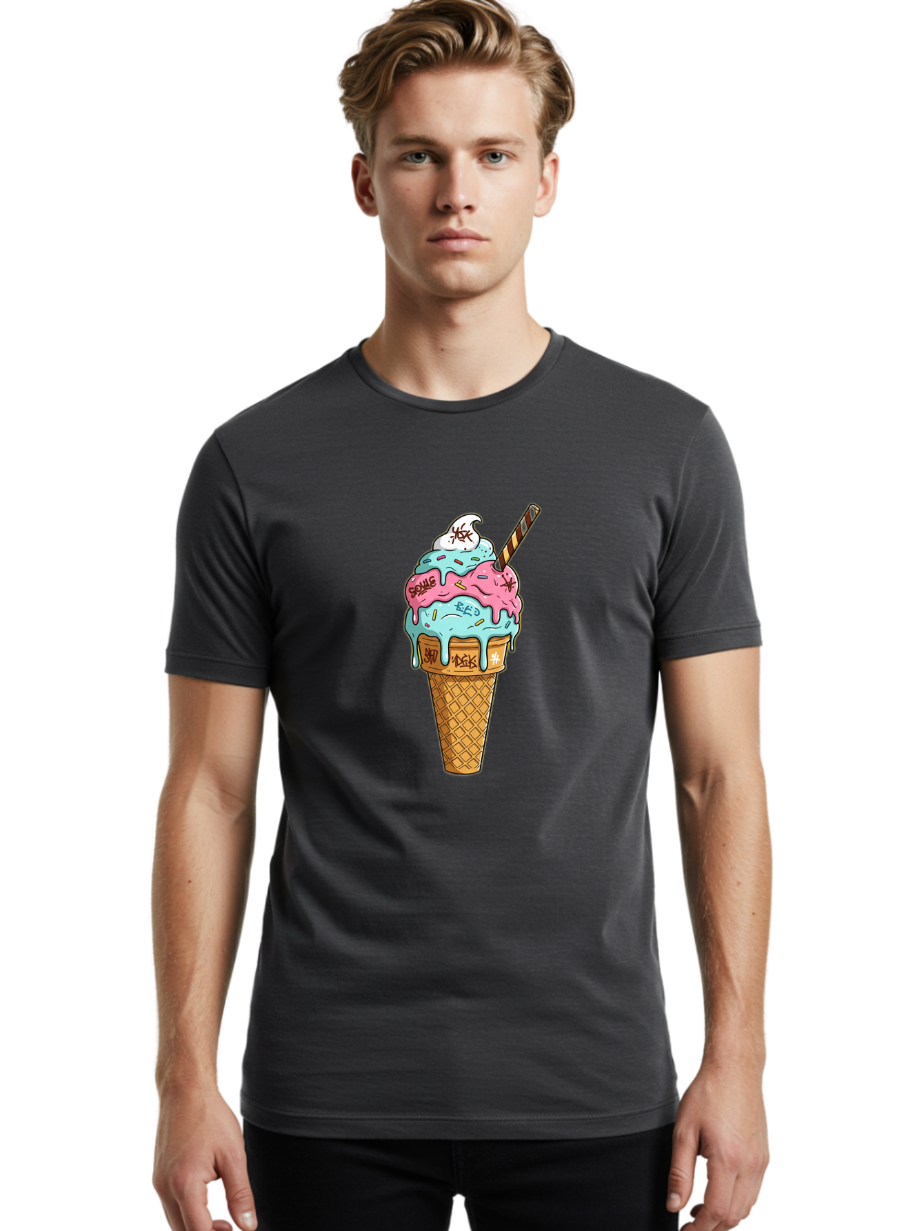 Bomb-Graffiti-Ice-Cream Men'S Graphic Tee, 100% Cotton, Comfortable Casual Summer Wear, Machine Washable, Graffiti Ice Cream, Colorful Dessert, Street Art Style, Vibrant Colors, Unique Treat, Sweet Indulgence, Creative Food Art, Bac675
