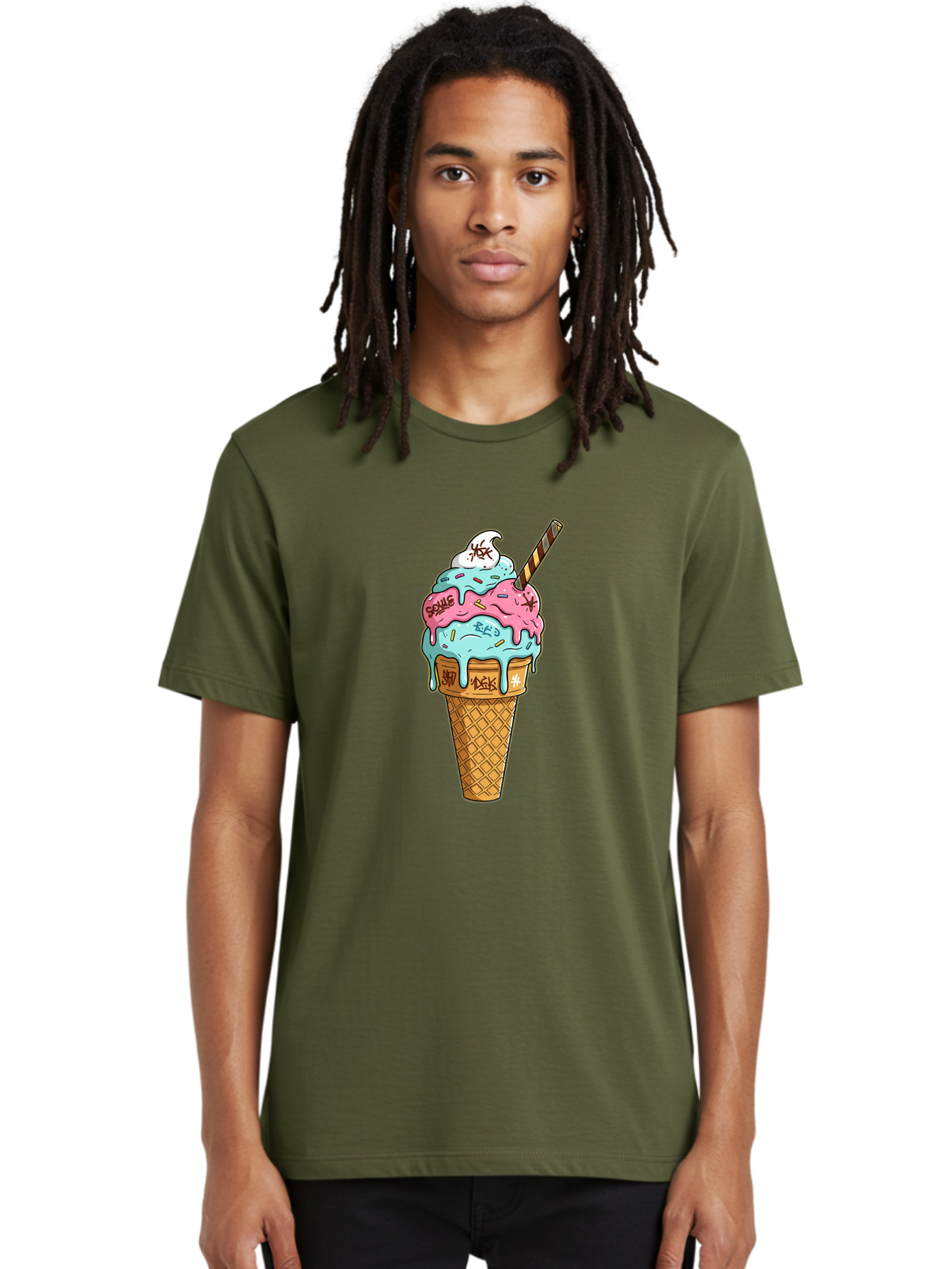 Bomb-Graffiti-Ice-Cream Men'S Graphic Tee, 100% Cotton, Comfortable Casual Summer Wear, Machine Washable, Graffiti Ice Cream, Colorful Dessert, Street Art Style, Vibrant Colors, Unique Treat, Sweet Indulgence, Creative Food Art, Bac675