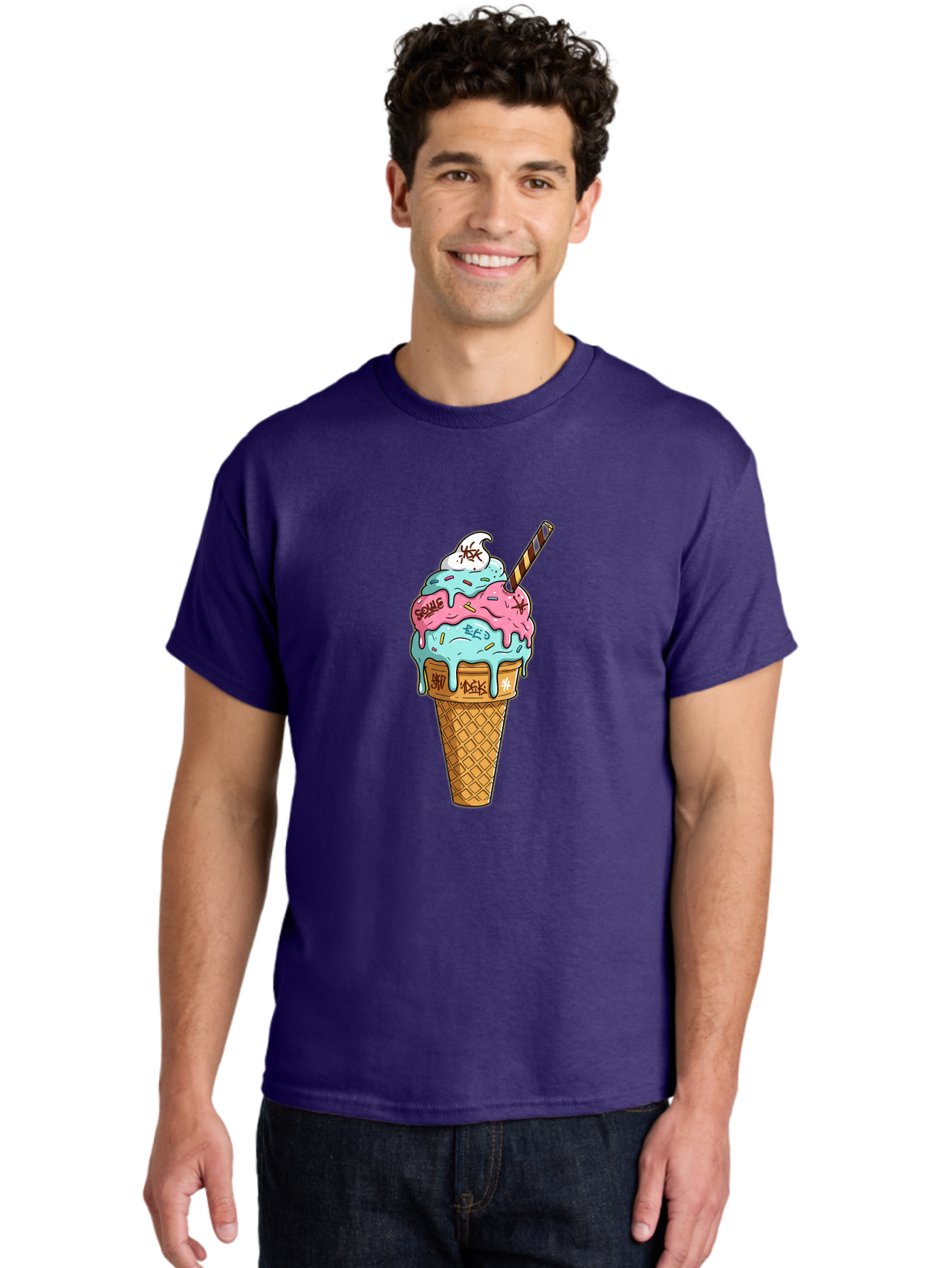 Bomb-Graffiti-Ice-Cream Men'S Graphic Tee, 100% Cotton, Comfortable Casual Summer Wear, Machine Washable, Graffiti Ice Cream, Colorful Dessert, Street Art Style, Vibrant Colors, Unique Treat, Sweet Indulgence, Creative Food Art, Bac675