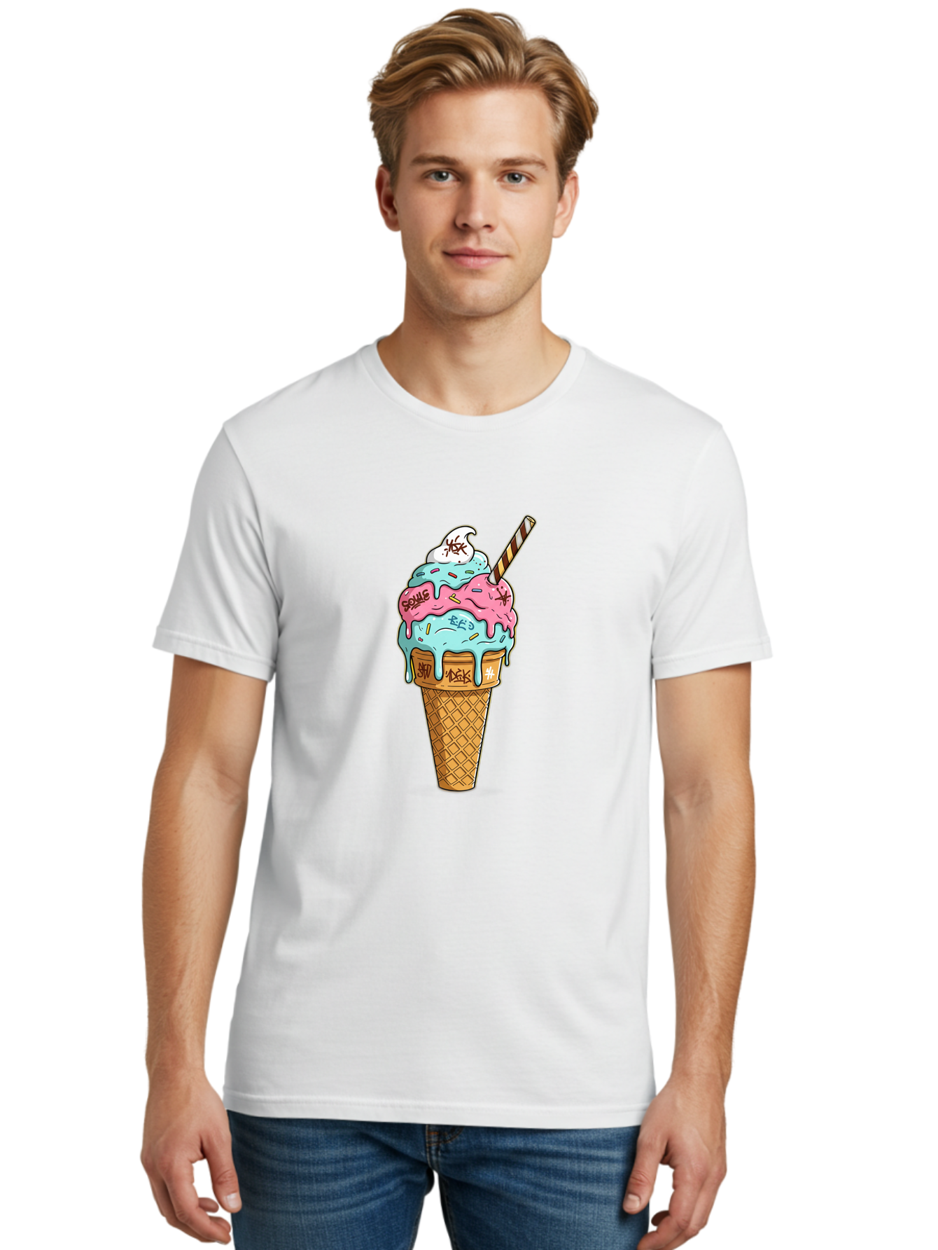 Bomb-Graffiti-Ice-Cream Men'S Graphic Tee, 100% Cotton, Comfortable Casual Summer Wear, Machine Washable, Graffiti Ice Cream, Colorful Dessert, Street Art Style, Vibrant Colors, Unique Treat, Sweet Indulgence, Creative Food Art, Bac675