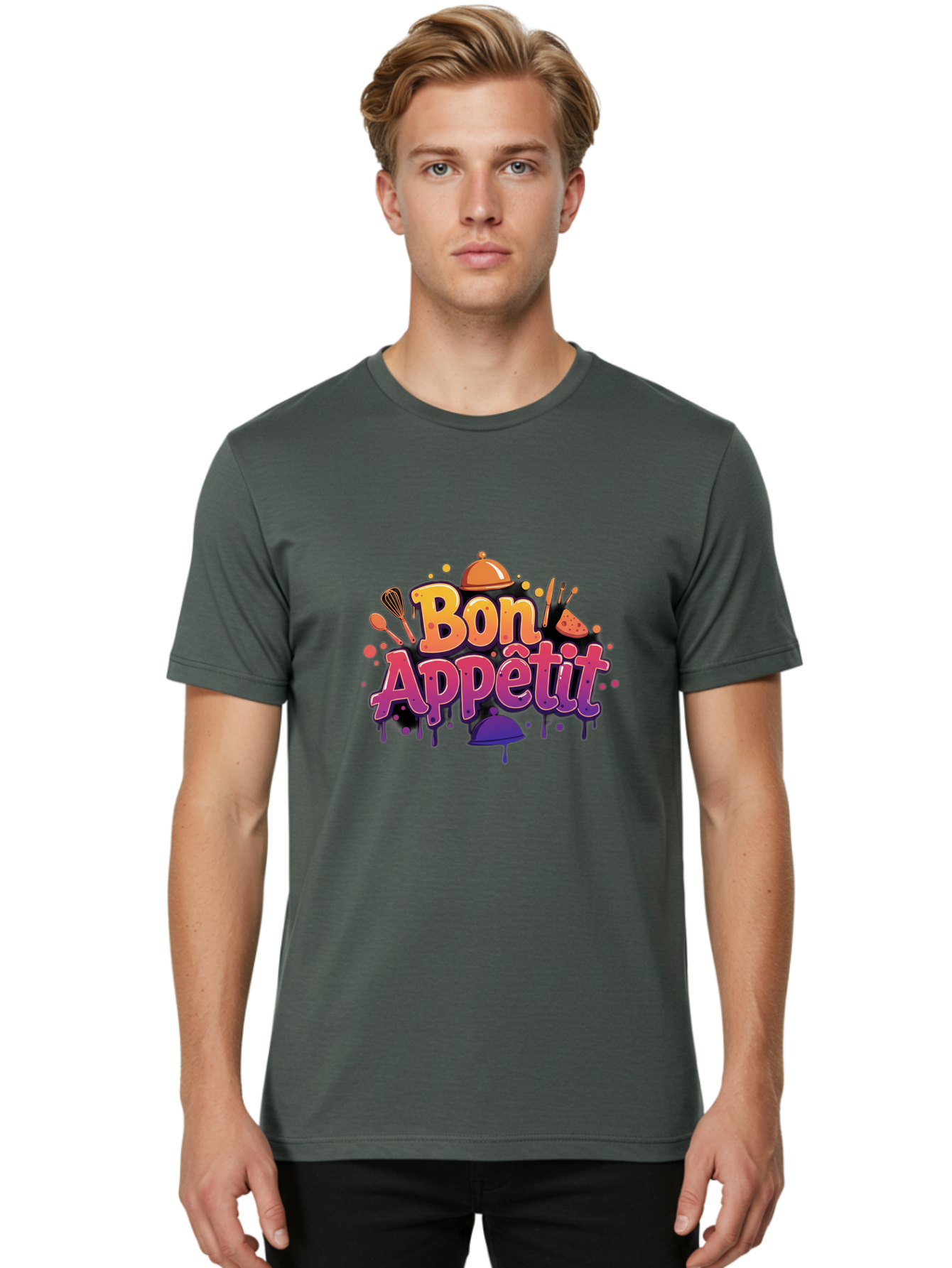 Bon-Appetit Men'S Graphic Tee, 100% Cotton, Comfortable Casual Summer Wear, Machine Washable, Foodie Graphics, Restaurant Logo, Culinary Art, Gourmet Inspiration, Kitchen Utensils, Cooking Theme, Vibrant Typography, Serving Dishes, Bac678