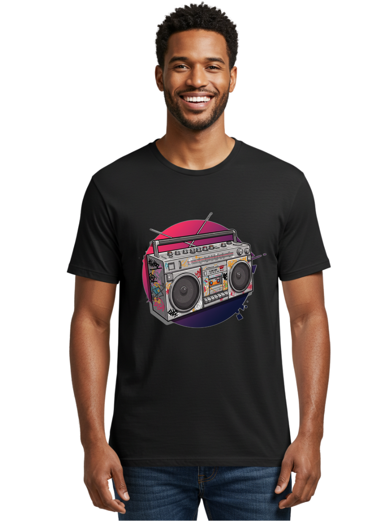 Boombox Men'S Graphic Tee, 100% Cotton, Comfortable Casual Summer Wear, Machine Washable, Vintage Boombox, Retro Music Player, Graffiti Art, Cassette Tape, 80S Nostalgia, Portable Radio, Street Style, Urban Culture Bac679