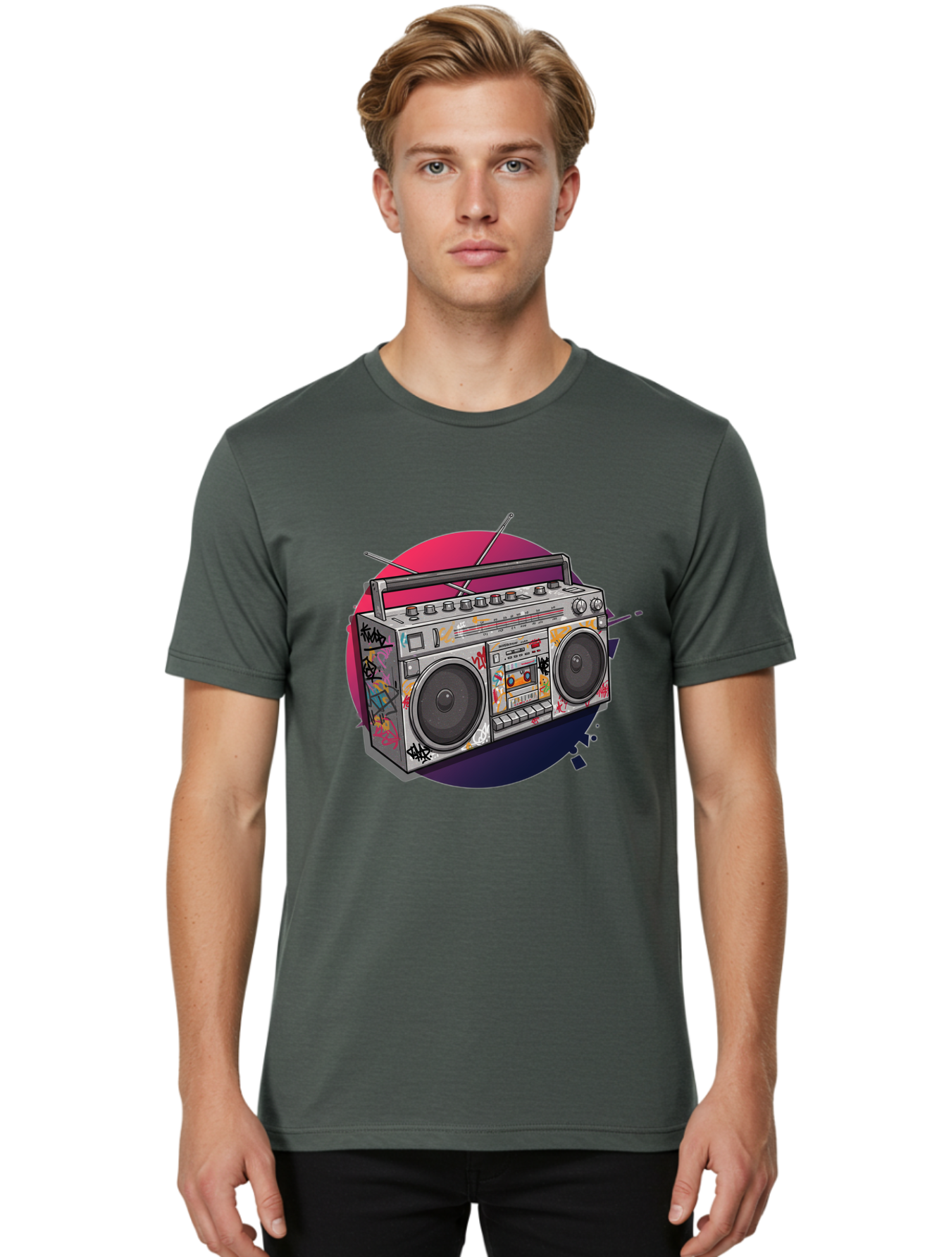 Boombox Men'S Graphic Tee, 100% Cotton, Comfortable Casual Summer Wear, Machine Washable, Vintage Boombox, Retro Music Player, Graffiti Art, Cassette Tape, 80S Nostalgia, Portable Radio, Street Style, Urban Culture Bac679