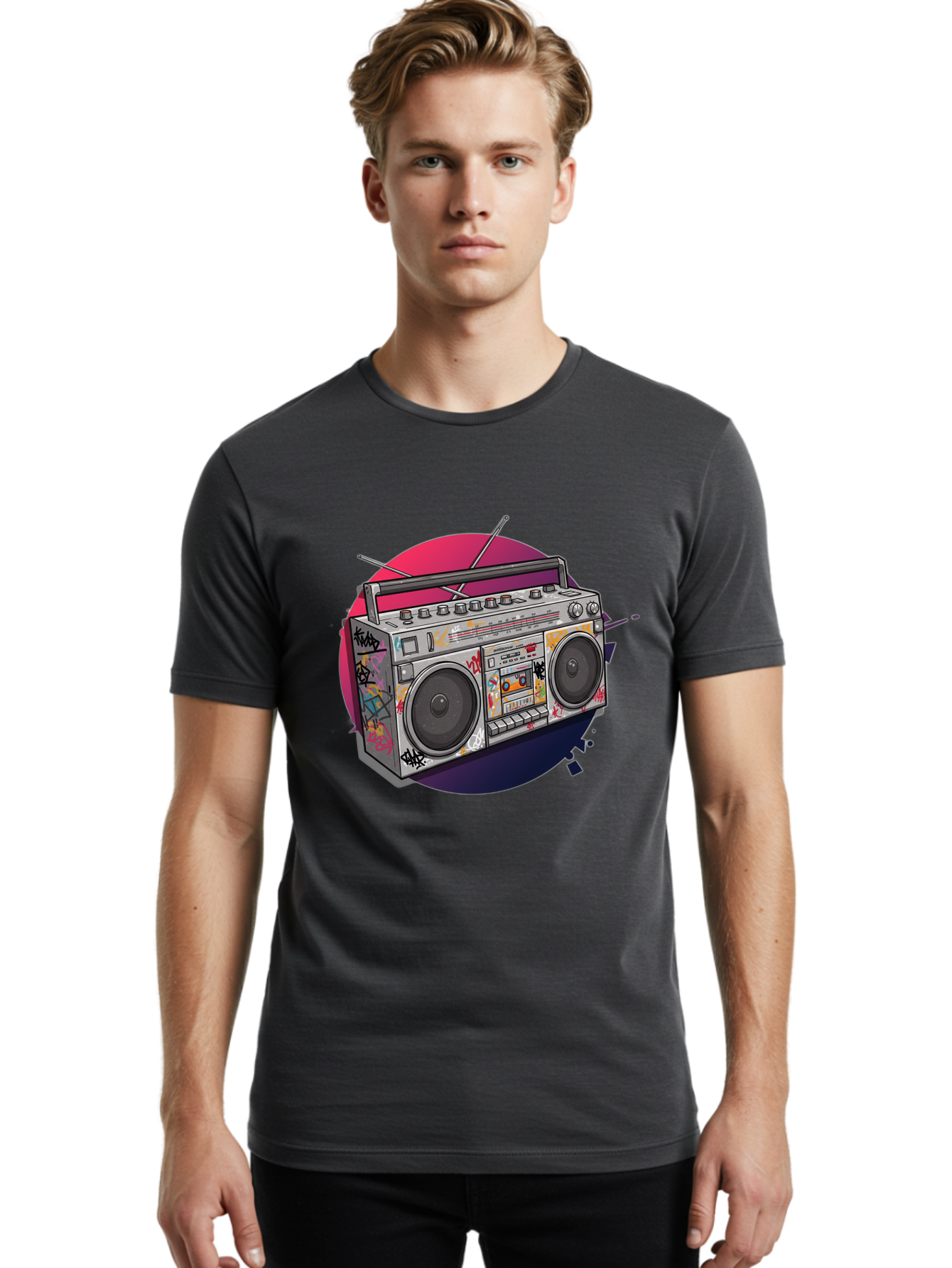 Boombox Men'S Graphic Tee, 100% Cotton, Comfortable Casual Summer Wear, Machine Washable, Vintage Boombox, Retro Music Player, Graffiti Art, Cassette Tape, 80S Nostalgia, Portable Radio, Street Style, Urban Culture Bac679