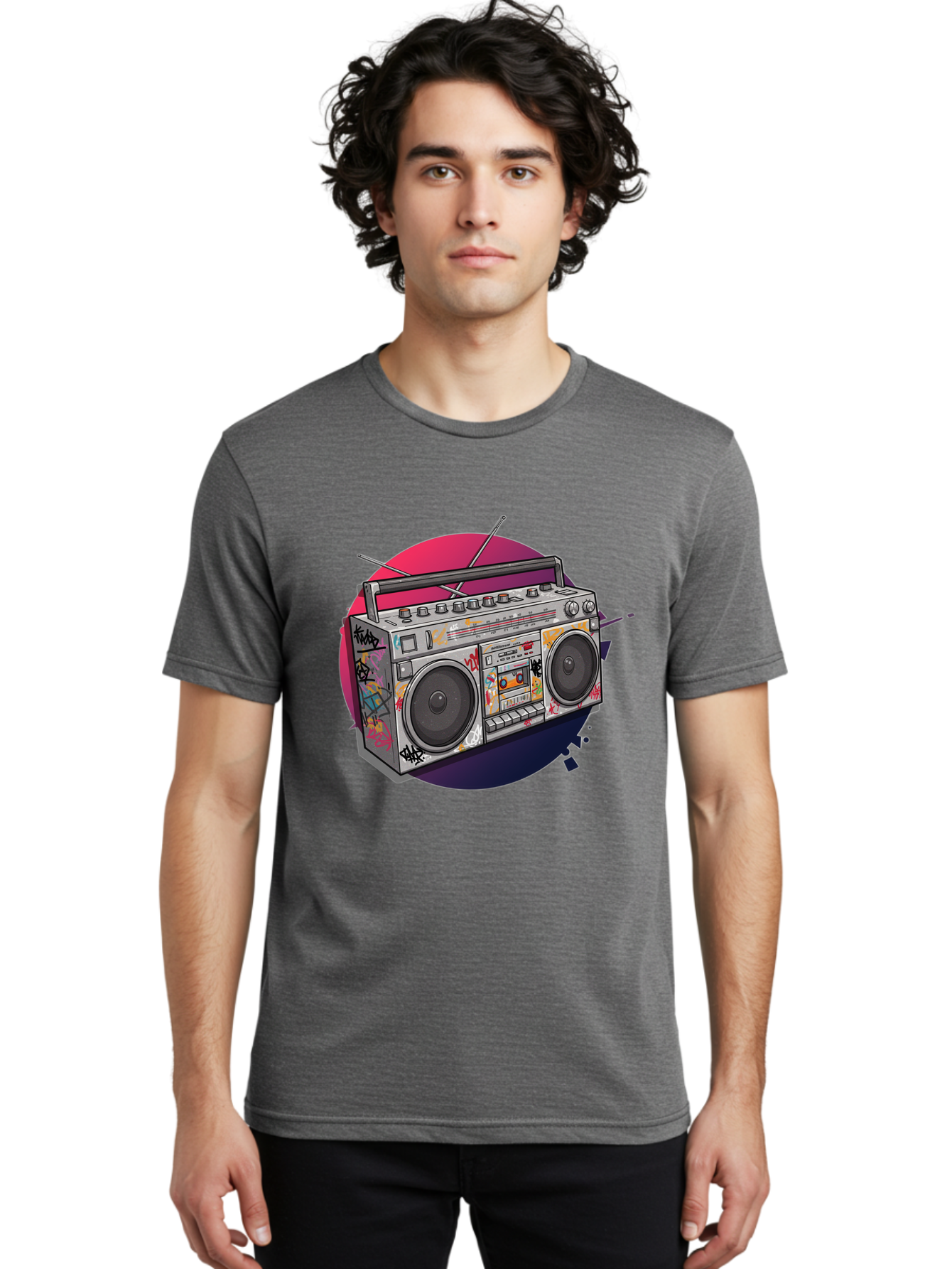 Boombox Men'S Graphic Tee, 100% Cotton, Comfortable Casual Summer Wear, Machine Washable, Vintage Boombox, Retro Music Player, Graffiti Art, Cassette Tape, 80S Nostalgia, Portable Radio, Street Style, Urban Culture Bac679