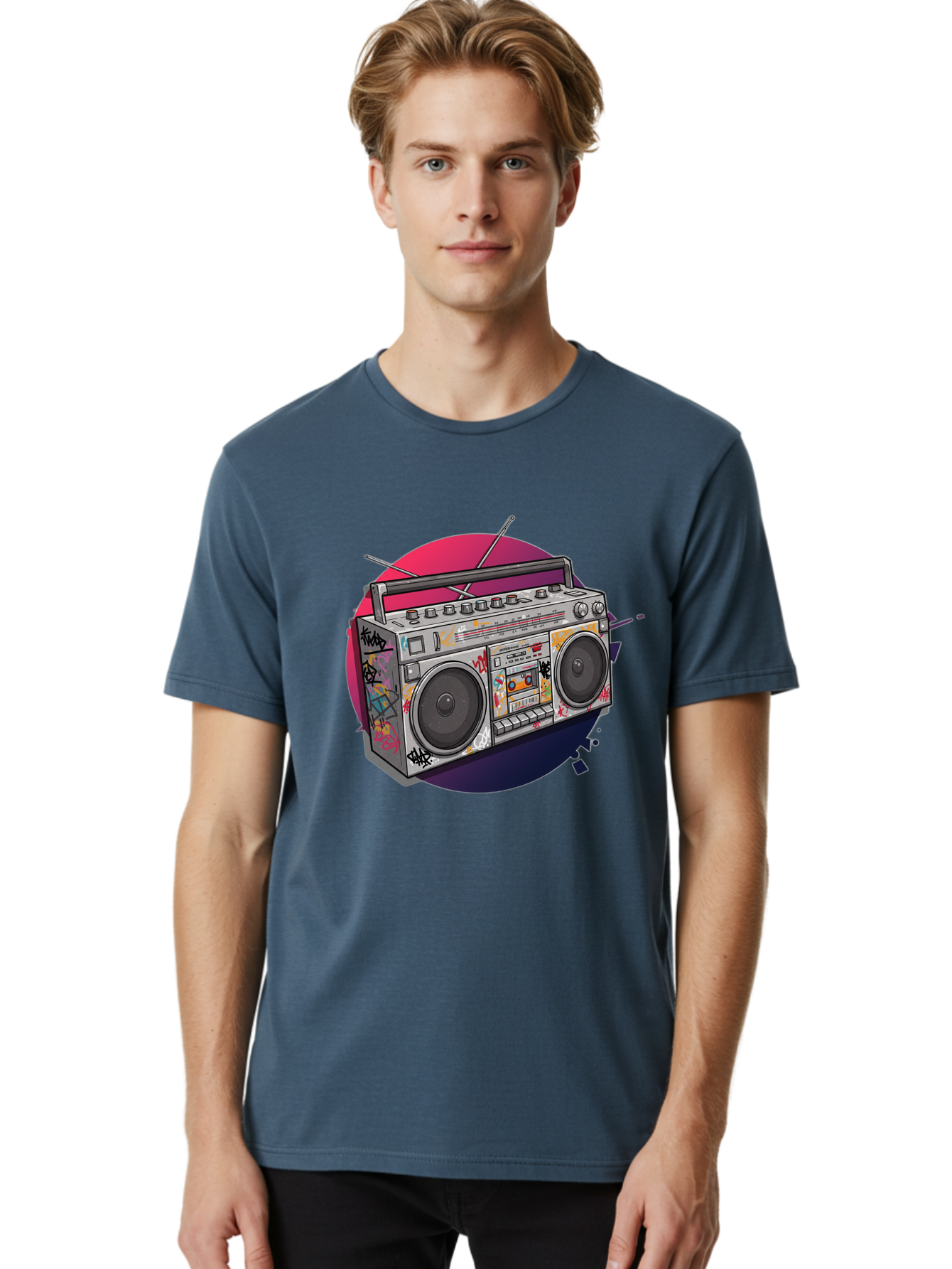 Boombox Men'S Graphic Tee, 100% Cotton, Comfortable Casual Summer Wear, Machine Washable, Vintage Boombox, Retro Music Player, Graffiti Art, Cassette Tape, 80S Nostalgia, Portable Radio, Street Style, Urban Culture Bac679