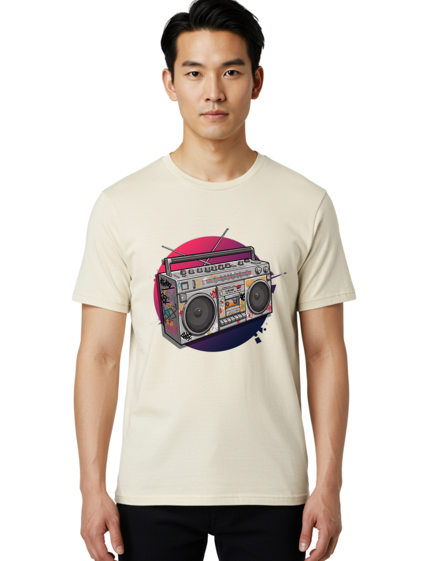 Boombox Men'S Graphic Tee, 100% Cotton, Comfortable Casual Summer Wear, Machine Washable, Vintage Boombox, Retro Music Player, Graffiti Art, Cassette Tape, 80S Nostalgia, Portable Radio, Street Style, Urban Culture Bac679