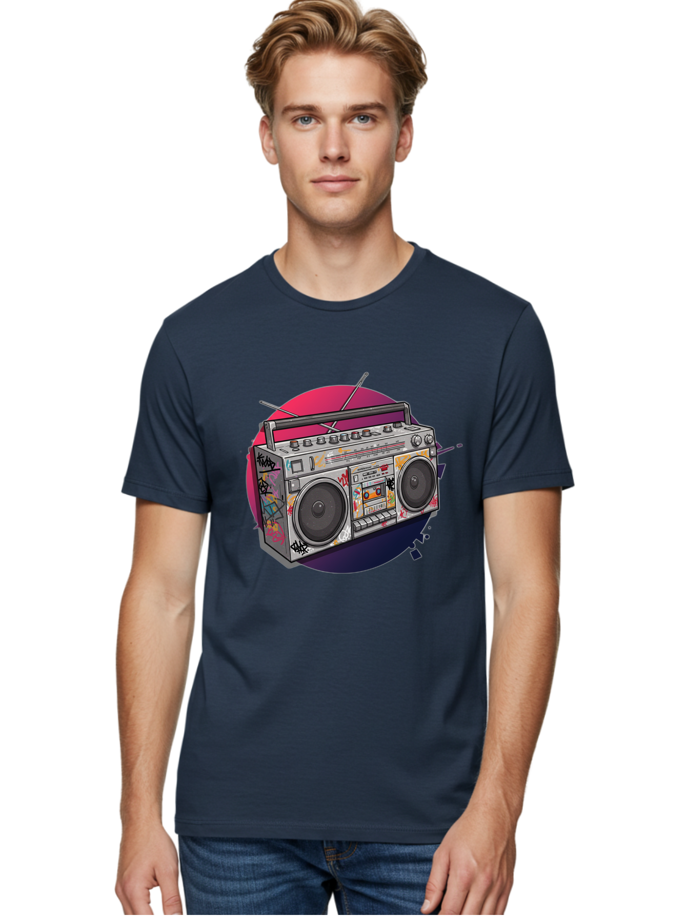 Boombox Men'S Graphic Tee, 100% Cotton, Comfortable Casual Summer Wear, Machine Washable, Vintage Boombox, Retro Music Player, Graffiti Art, Cassette Tape, 80S Nostalgia, Portable Radio, Street Style, Urban Culture Bac679