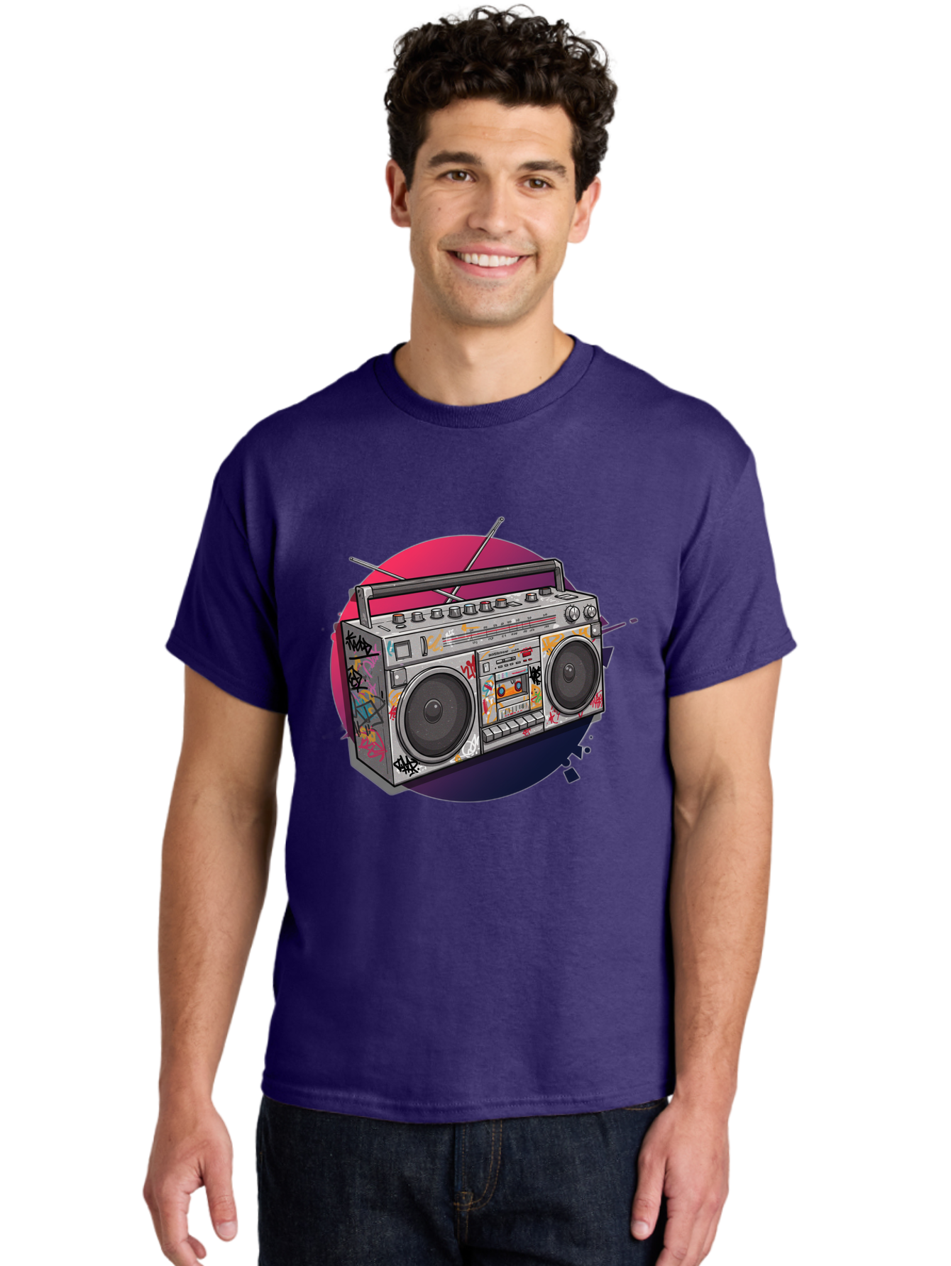 Boombox Men'S Graphic Tee, 100% Cotton, Comfortable Casual Summer Wear, Machine Washable, Vintage Boombox, Retro Music Player, Graffiti Art, Cassette Tape, 80S Nostalgia, Portable Radio, Street Style, Urban Culture Bac679