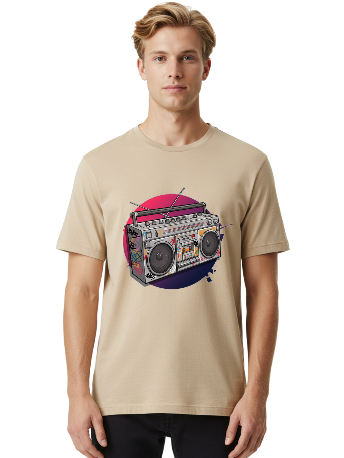 Boombox Men'S Graphic Tee, 100% Cotton, Comfortable Casual Summer Wear, Machine Washable, Vintage Boombox, Retro Music Player, Graffiti Art, Cassette Tape, 80S Nostalgia, Portable Radio, Street Style, Urban Culture Bac679